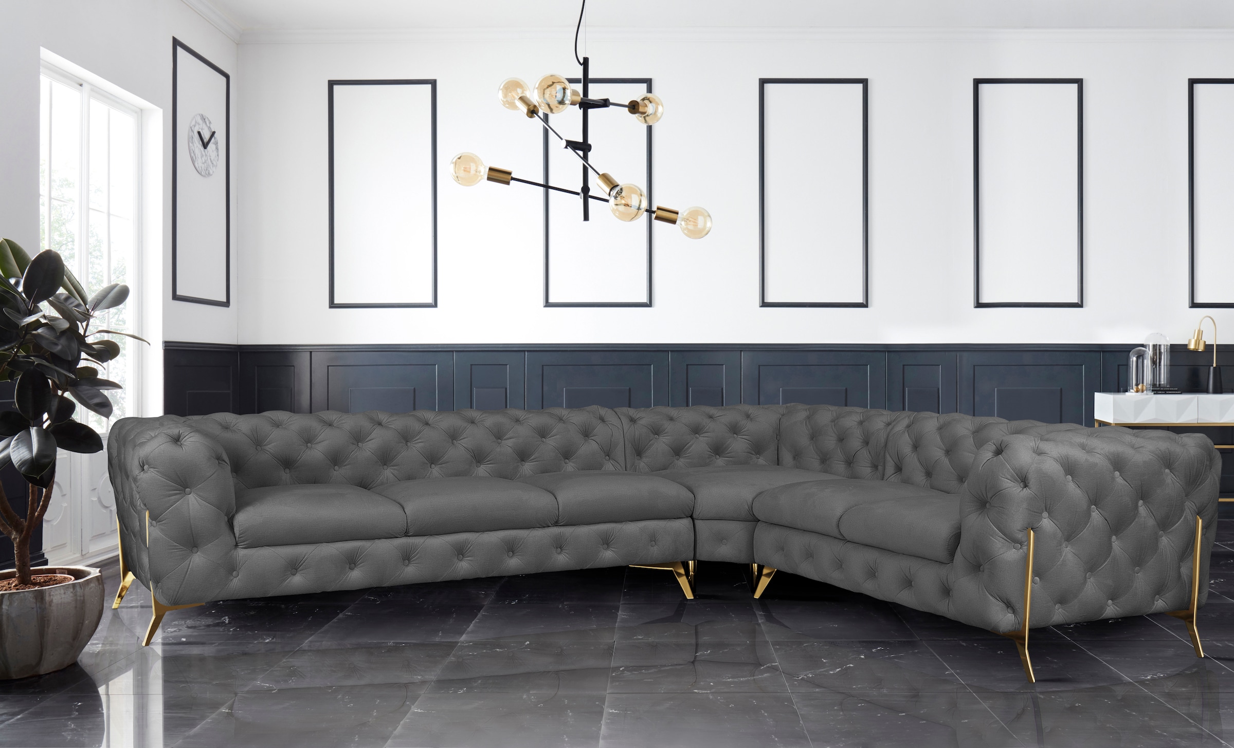 Leonique Chesterfield-Sofa »Amaury L-Form«, großes Ecksofa, Chesterfield-Optik, Breite 323 cm, Fußfarbe wählbar