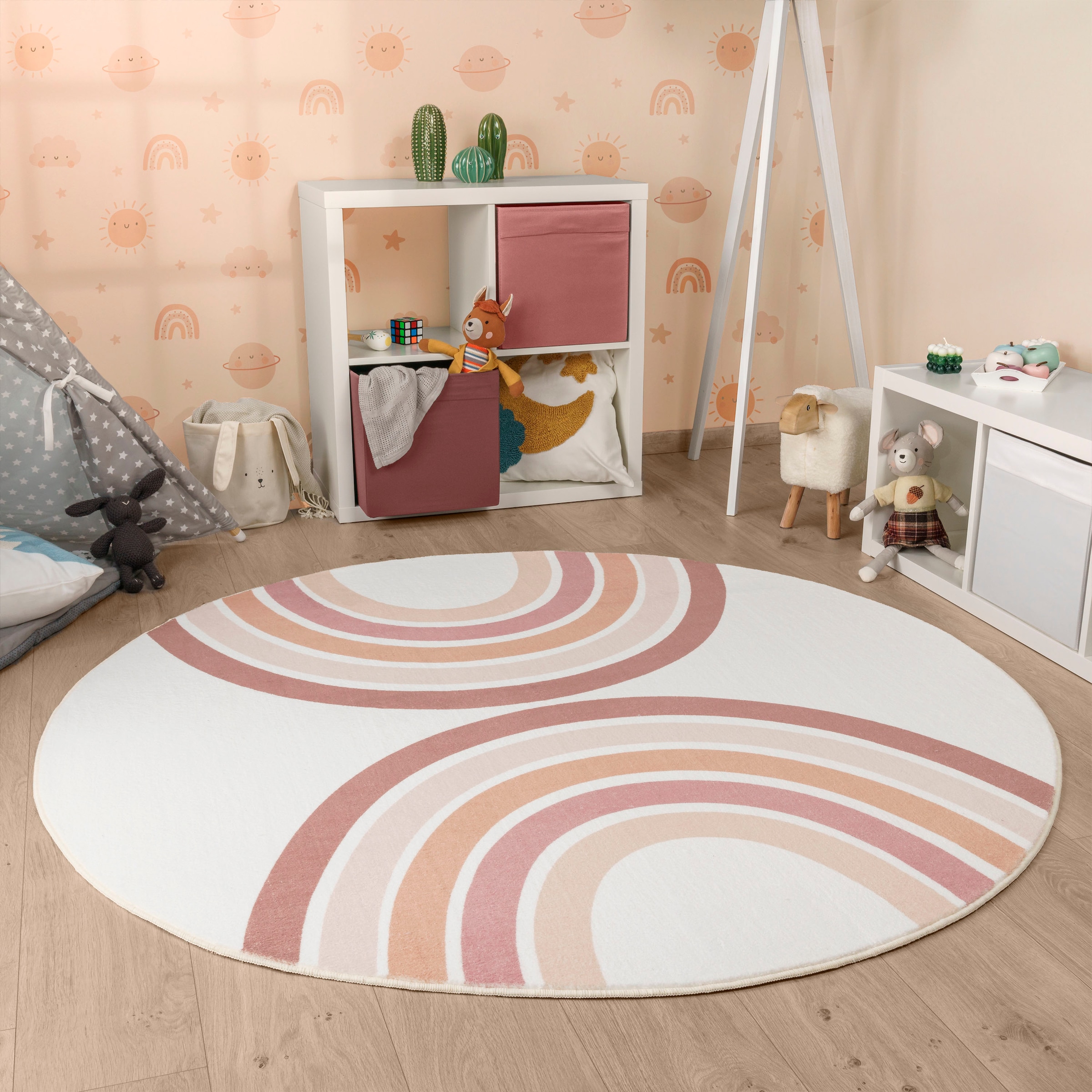 Paco Home Kinderteppich »Niloya 361«, rund, 12 mm Höhe, Spielteppich, Kurzflor, bedruckt, Motiv Regenbogen, waschbar
