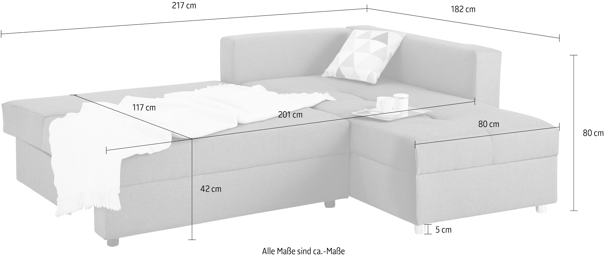 Home affaire Ecksofa »Italia L-Form, B: 217 cm« Bettfunktion, Bettkasten & 1 Zierkissen, Federkern