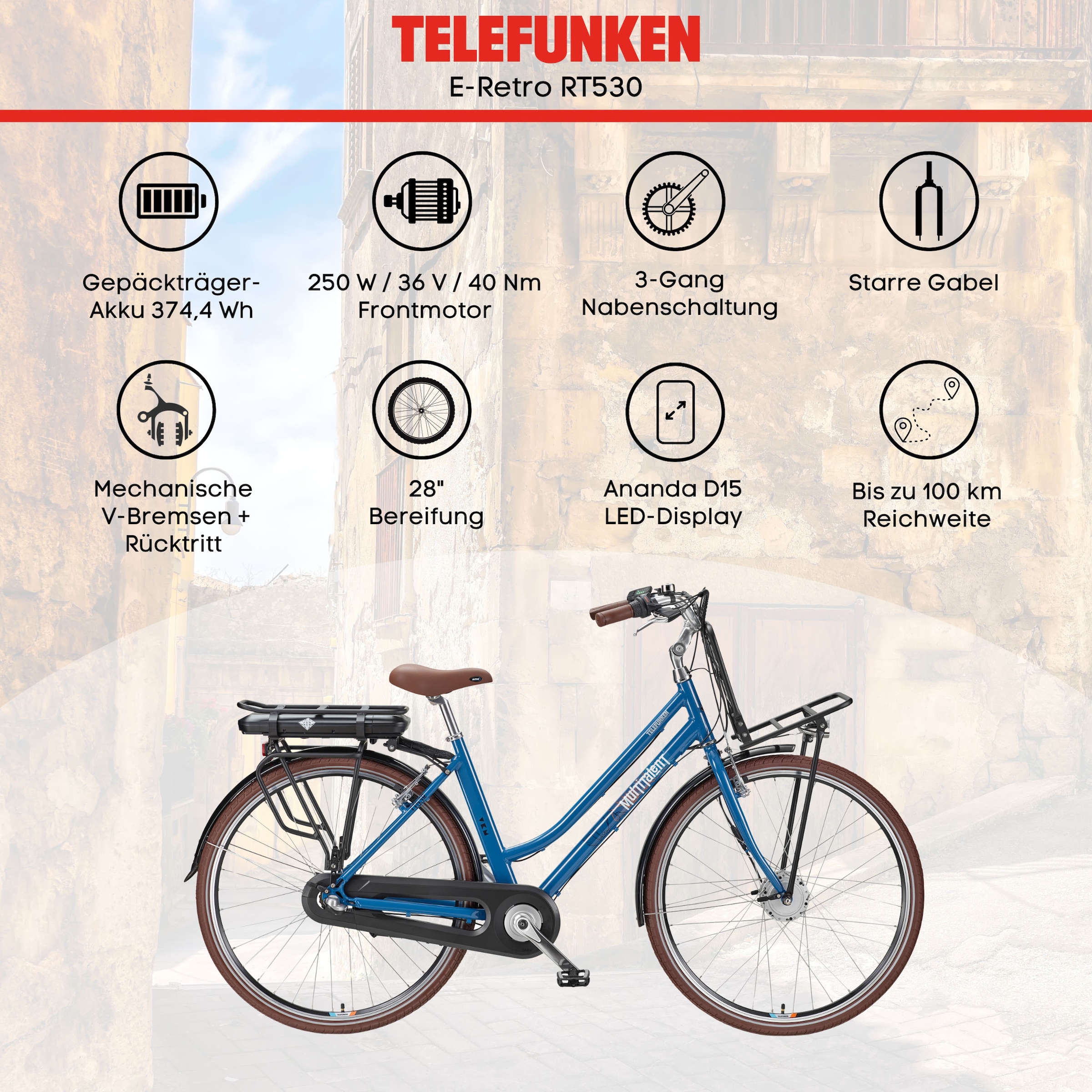 Telefunken E-Bike »Multitalent RT530«, 3 Gang, Shimano, Nexus, Frontmotor 250 W, Pedelec, Elektrofahrrad für Damen u. Herren