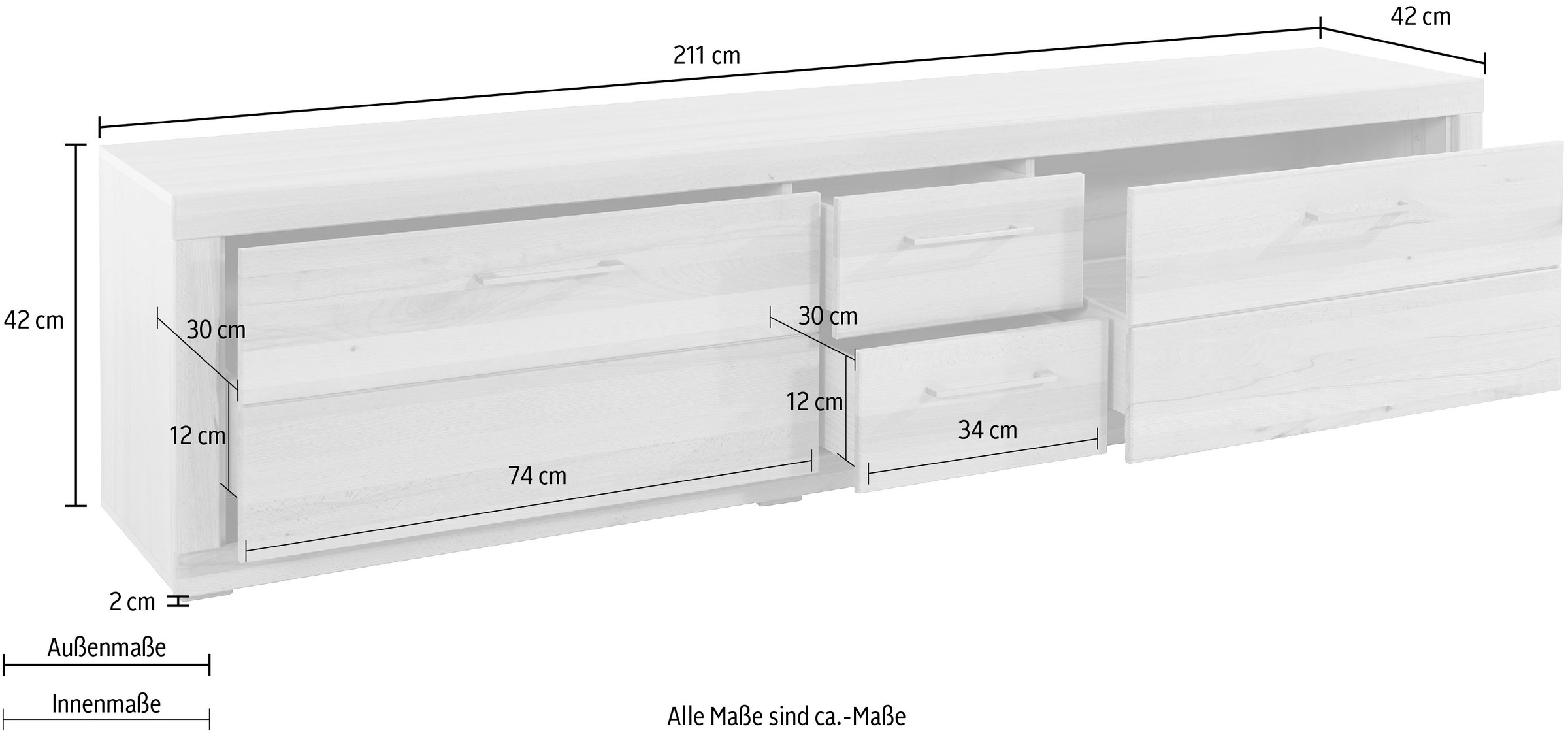 VOGL Möbelfabrik Lowboard »1237«, Massivholzfront, Breite ca. 211 cm, mit Softclose Funktion