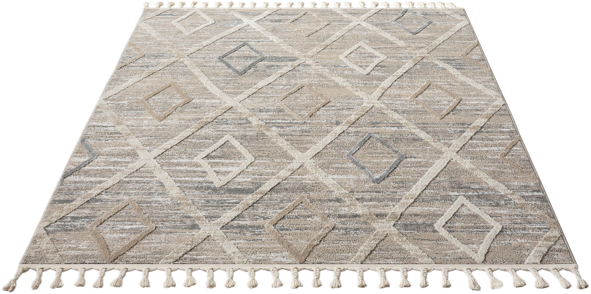 my home Teppich »Otilie«, rechteckig, 11 mm Höhe, dichte Qualität, Woll-Look, Boho, mit Fransen und Rauten, Scandi