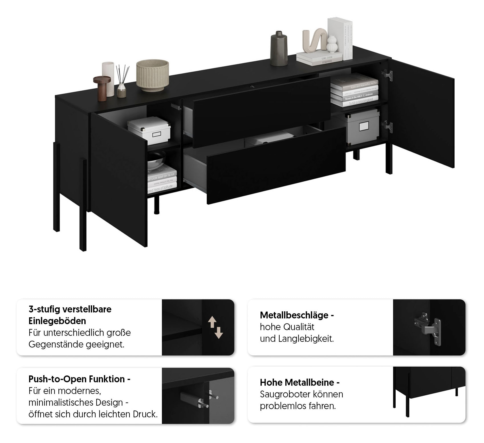 OTTO home Lowboard »Jukon,Breite 200 cm, moderne grifflose TV-Kommode,2 Türen/2 Schubladen« TV-Schrank mit viel Stauraum, TV-Board, push-to-open-Funktion