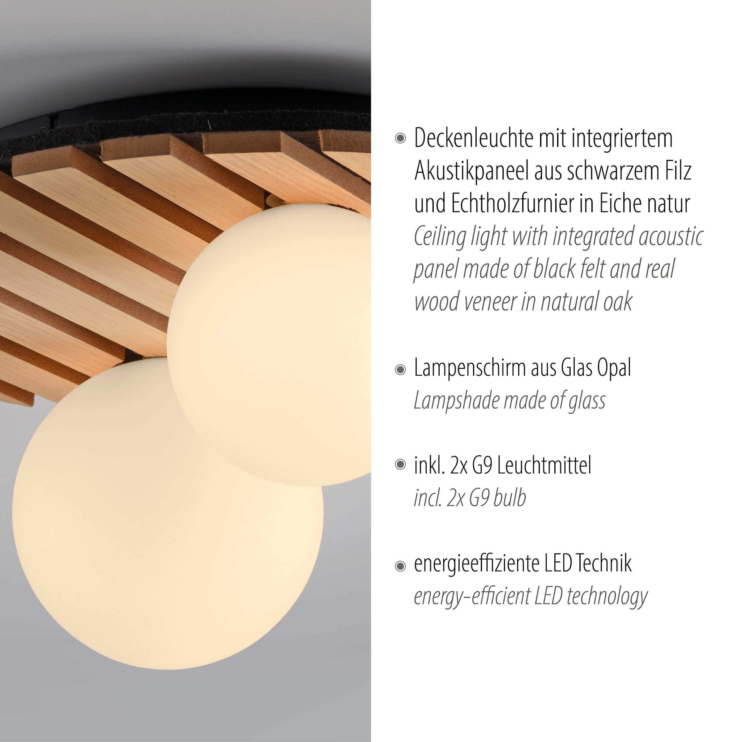 Leonique Deckenleuchte »Erinette Akustikpaneele mit Glaskugel«, 2 flammig, Leuchtmittel G9 | Leuchtmittel wechselbar-ohne Leuchtmittel, Holz, Akustik, Paneele, Glas, opal matt weiß, Deckenlampe
