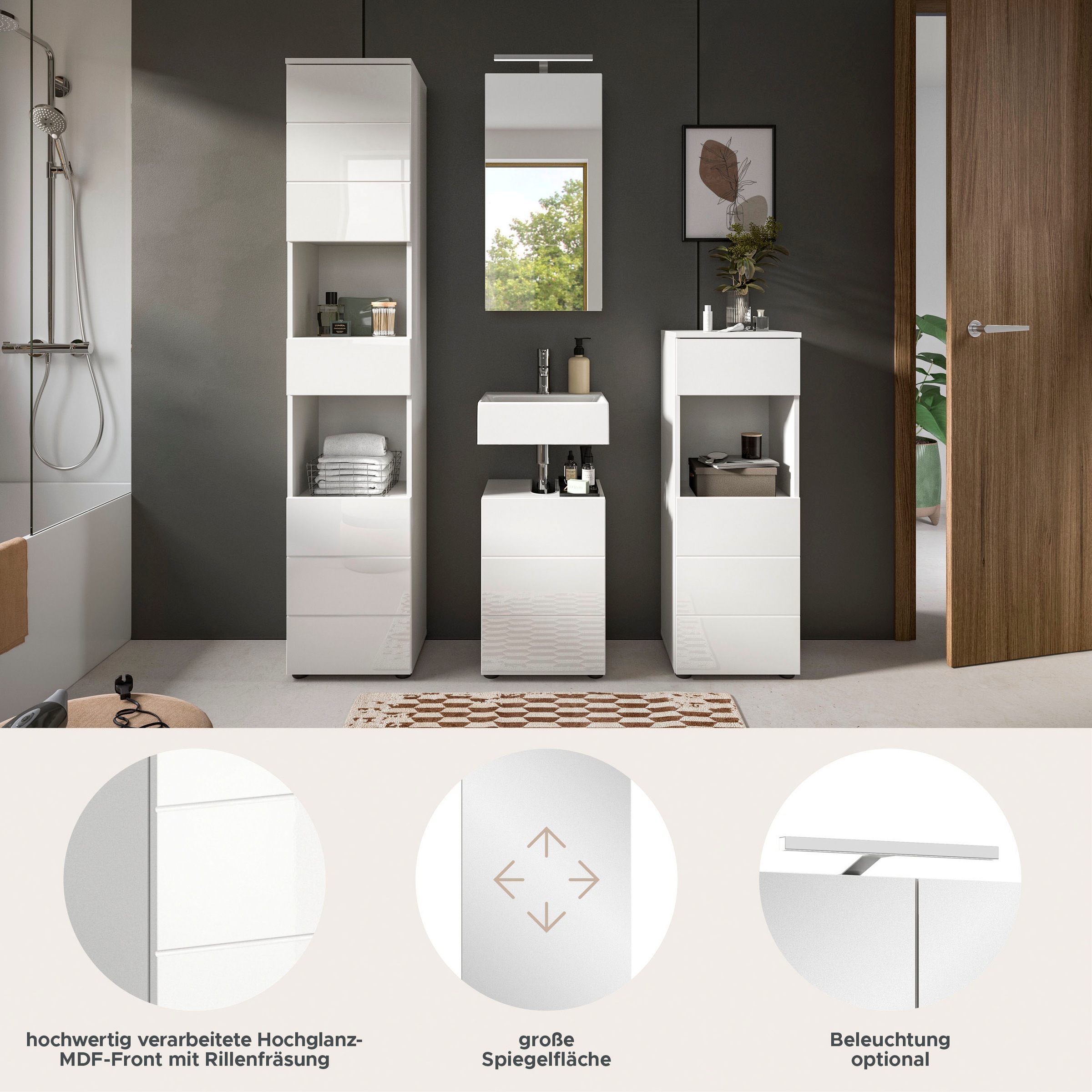 welltime Badmöbel-Set »Biel, Höhe 190 cm,Hochschrank,WBU, Spiegelschrank, Unterschrank, Lampe«, (5 St.), Bad Set, modern, Hoch-und Unterschrank, Spiegel, Aufsatzleuchte