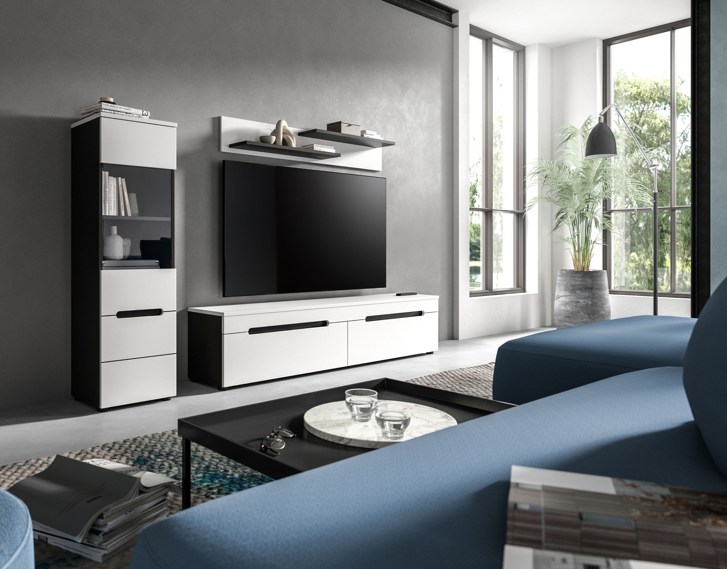 INOSIGN Wohnwand »REHAT, TOPSELLER!, 3-teilig, best. aus: Vitrine,Lowboard & Wandboard«, (2 St., Breite 221 cm, stehend oder hängend montierbar), Kombination, Anbauwand, Set, Wohn-Set, Wohnzimmer-Set, Schrankwand