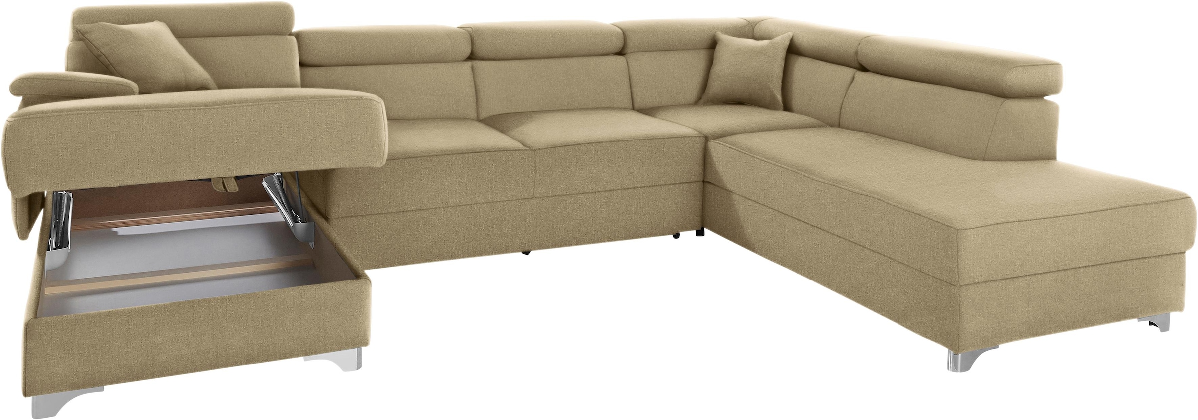 DOMO collection Wohnlandschaft »Mira, inklusive Kopfteilverstellung für mehr Wohlfühlkomfort, U-Form«, wahlweise mit Bettfunktion und Bettkasten, elegant und modern