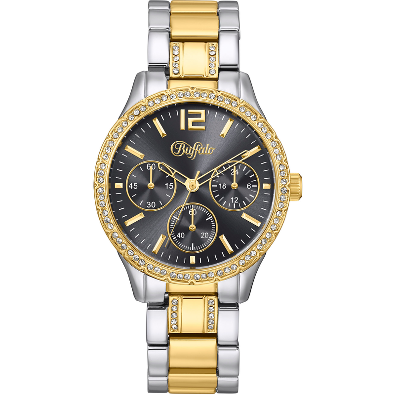 BUFFALO Quarzuhr Armbanduhr, Damenuhr, Glassteine silbergoldfarben Aparte Damenarmbanduhr