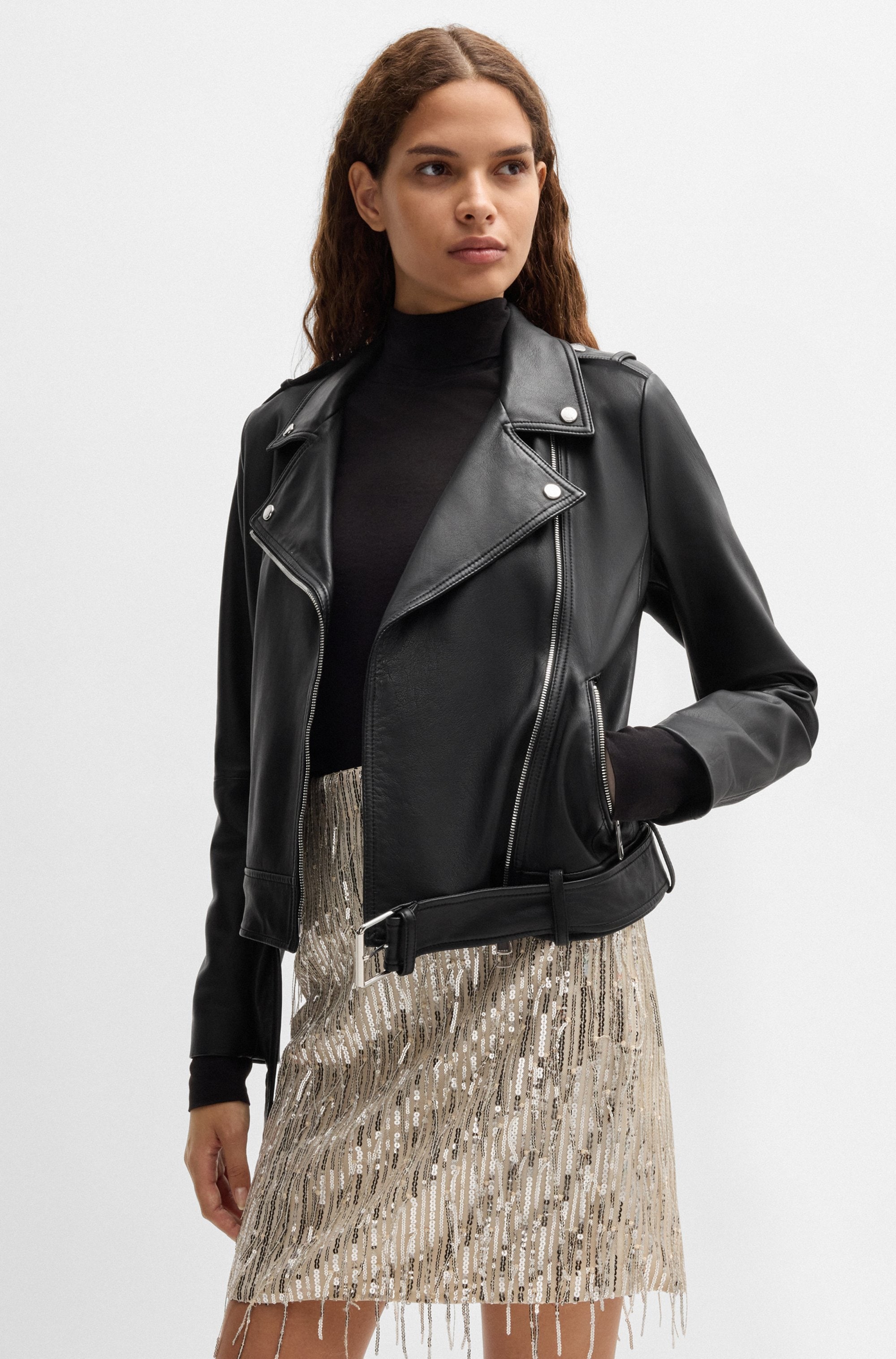 BOSS ORANGE Lederjacke »Sameli Premium Damenmode«, mit Ziergürtel