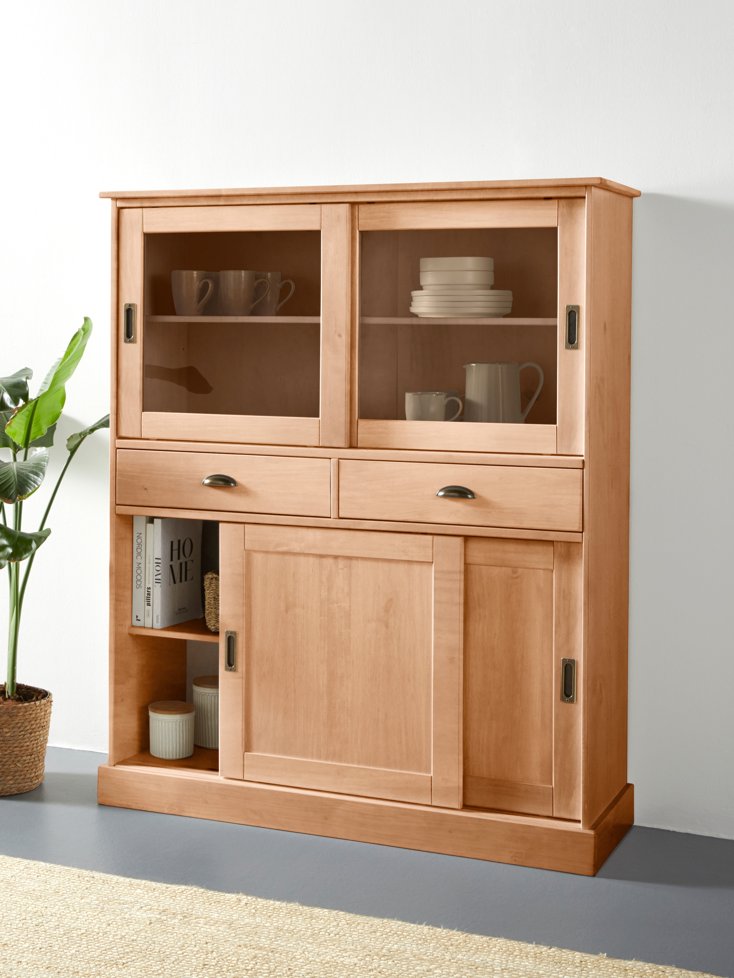 Home affaire Highboard »Schröder«, Vitrine aus massivem Kiefernholz, Breite 114 cm