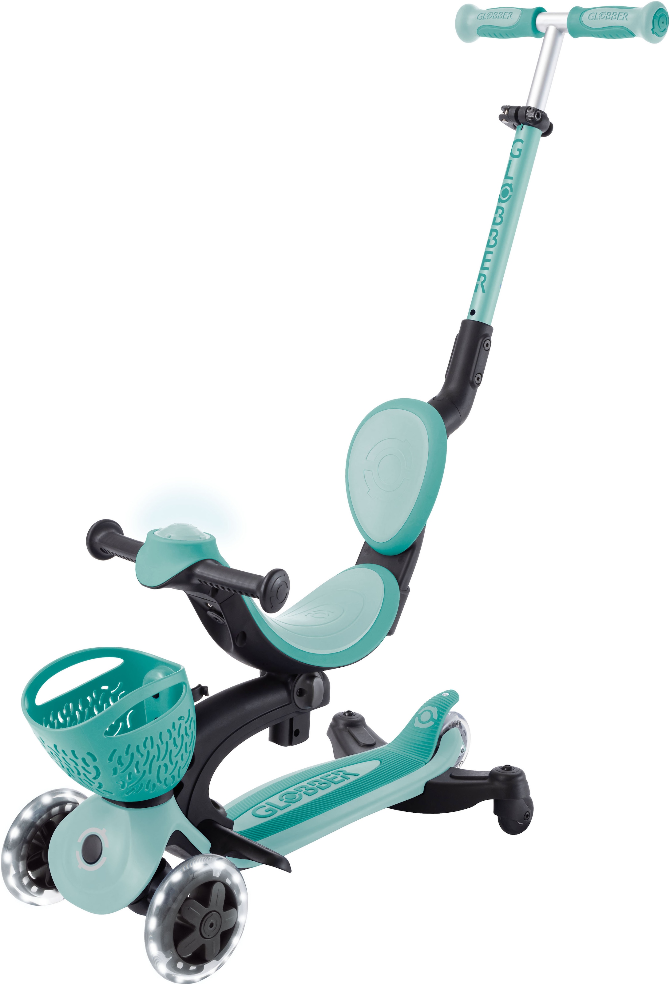 Globber Tretroller »GO-UP BABY 360 LIGHTS, mit Leuchtrollen und Leuchtmodul« Aufsitzrad, Laufrad und Scooter in Einem