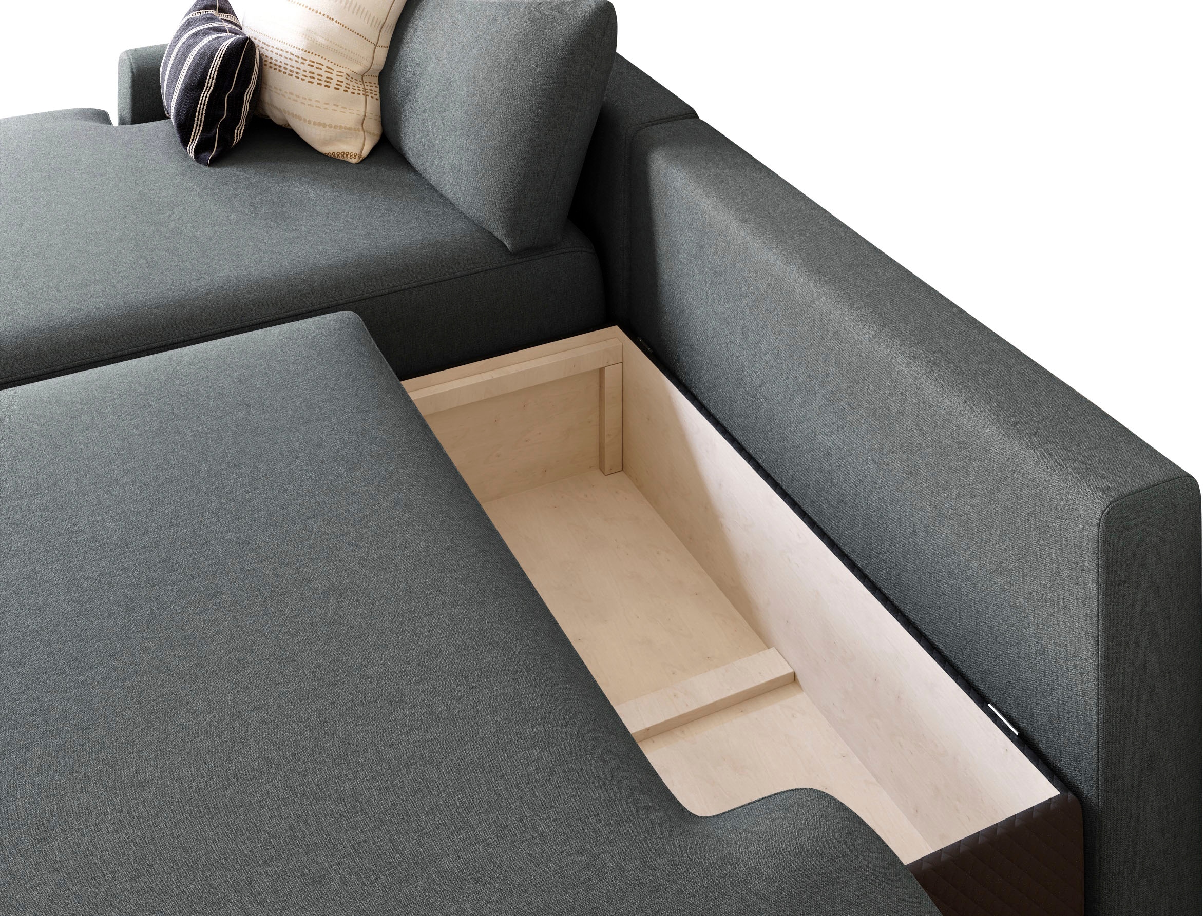 TRENDMANUFAKTUR Ecksofa »Prag, Schlafsofa mit Bettkasten, Couch in L-Form, Breite 253 cm« in feinem Strukturstoff, anthrazit, Recamiere links
