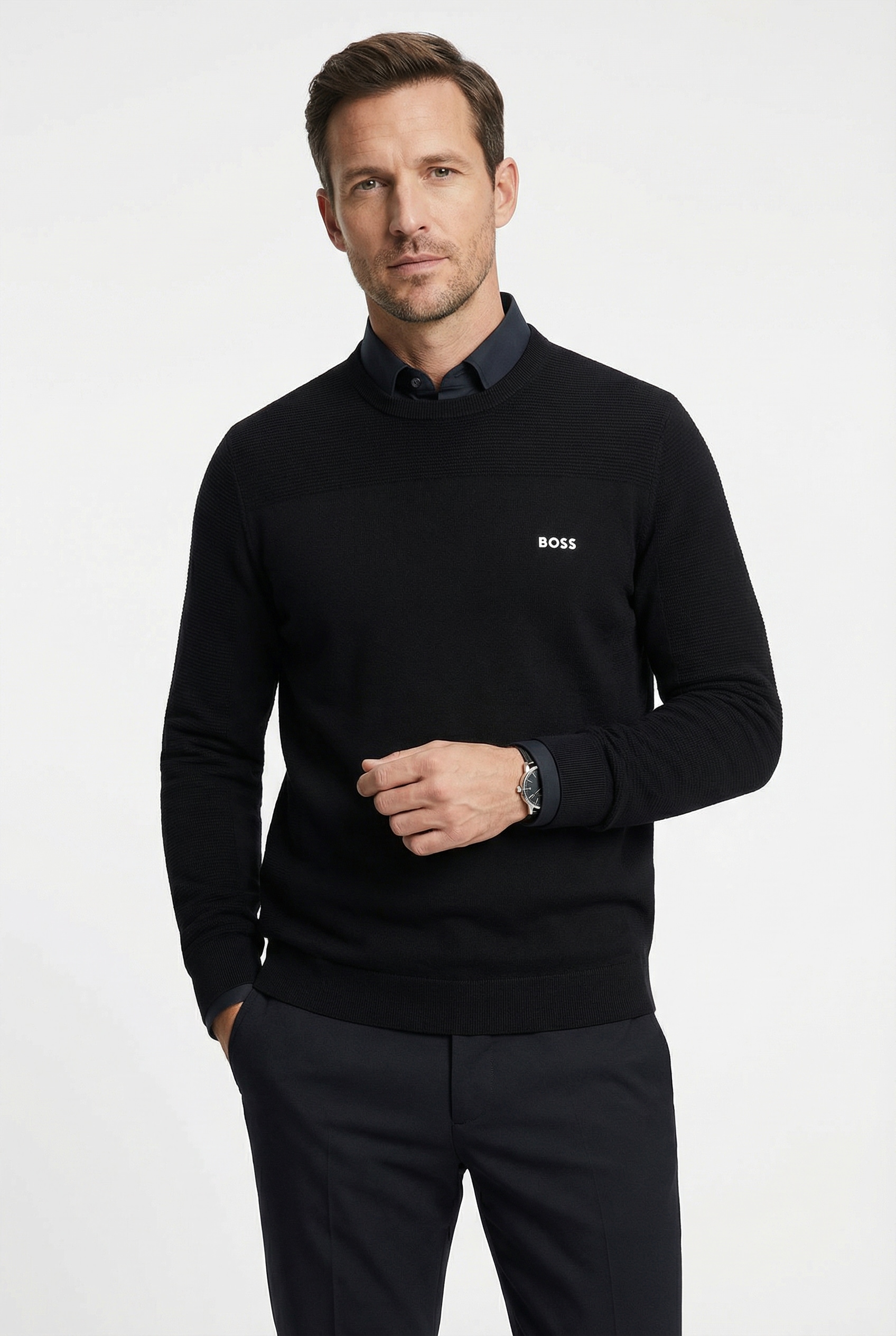 BOSS GREEN Strickpullover »KN Momentum-X CN« Rundhalsausschnitt, Regular Fit, kontrast HD-Logo