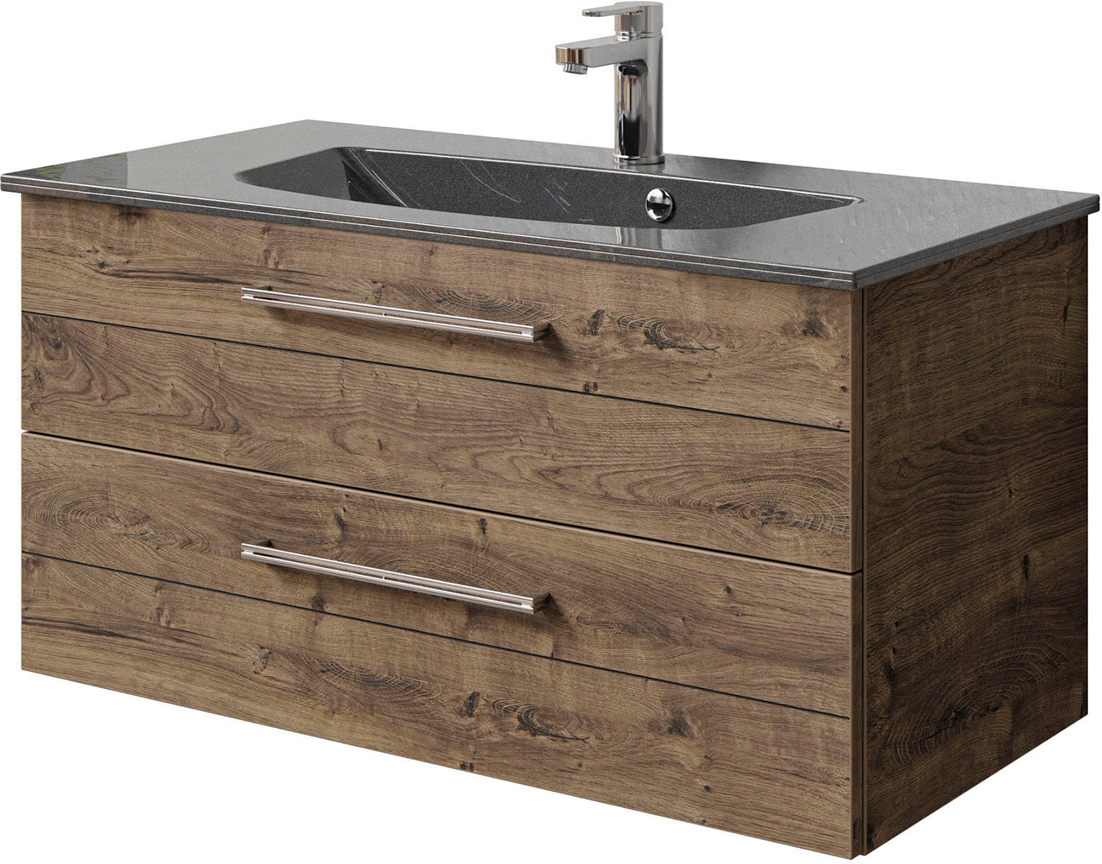 Saphir Badmöbel-Set »Serie 6025 2-teilig Mineralmarmor-Waschtisch mit LED-Spiegelschrank«, (2 St.), Waschplatz 97 cm breit, 2 Schubladen, 3 Spiegel-Türen, inkl Türdämpfer