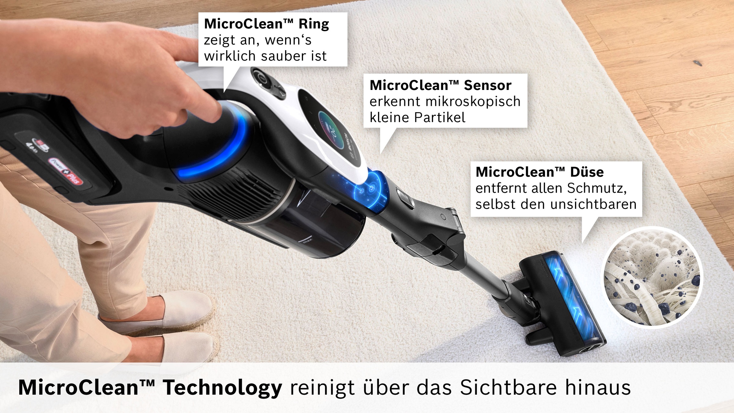 BOSCH Akku-Stielstaubsauger »Unlimited 10 BTS1042WAC, MicroClean™ Technology, 10 J. Motorgarantie« Display, Knickrohr, HEPA-Filtersystem, Schnellladegerät, 2 Akkus, weiß