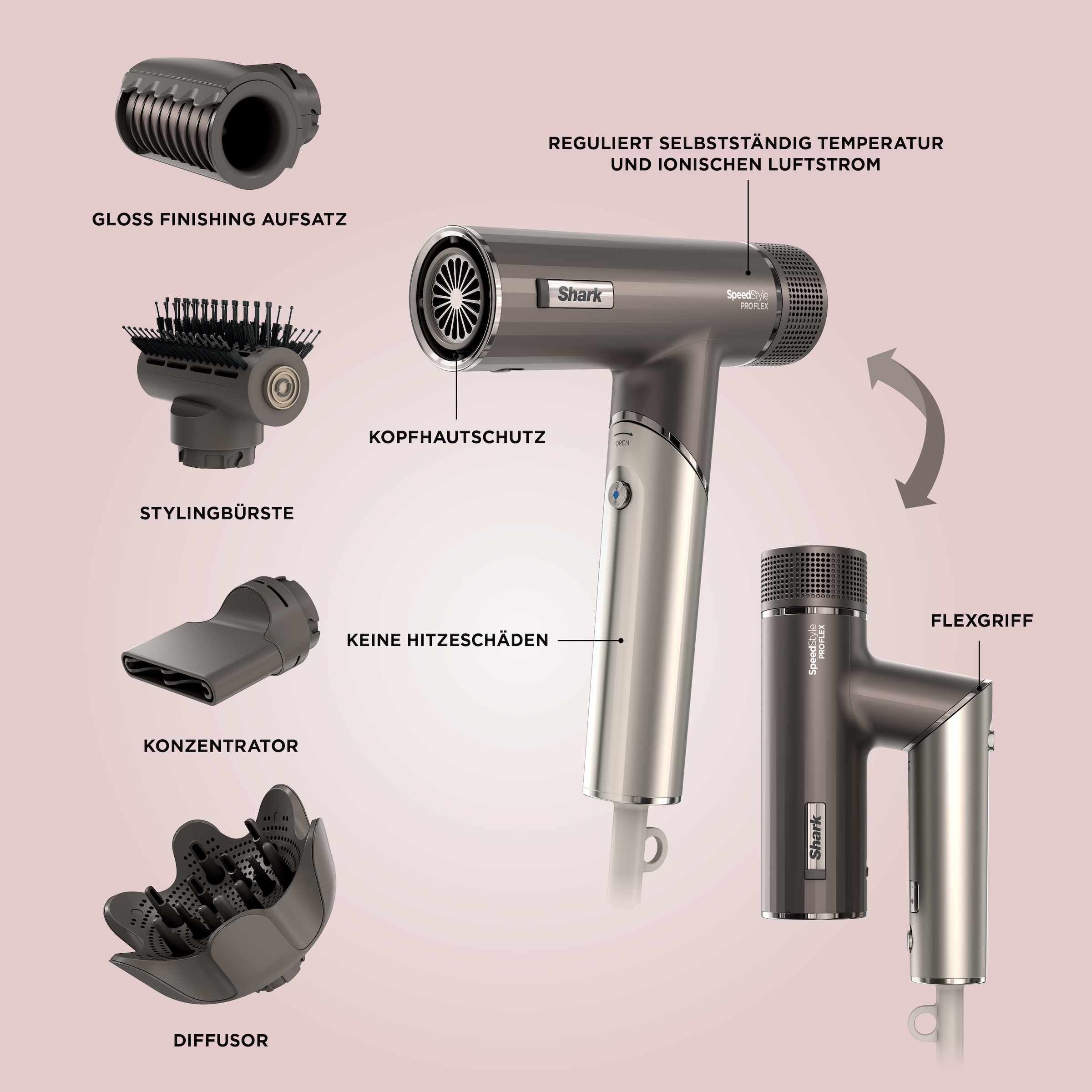 Shark Haartrockner »SpeedStyle Pro HD542EU«, 1700 W, 4 Aufsätze, für alle Haartypen mit4 Styling-Aufsätze und Scalp Shield-Modus