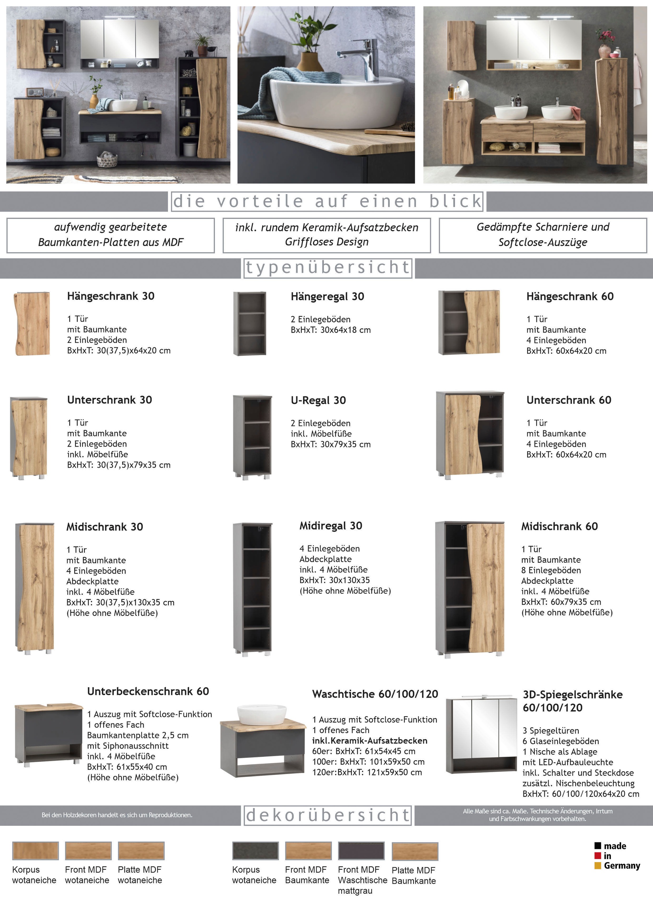 welltime Waschbeckenunterschrank »Stubach«, Bad Schrank, Abdeckplatte mit Baumkante, Breite 60 cm