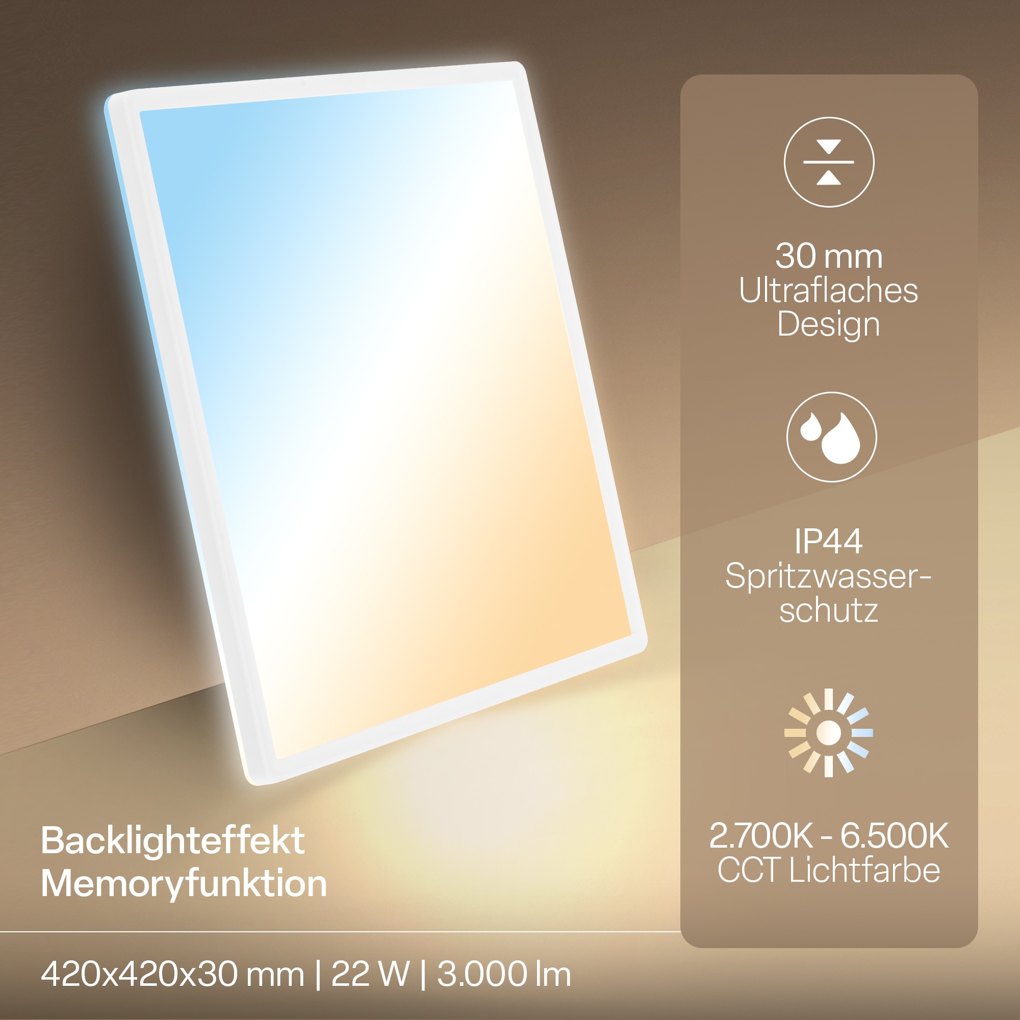 B.K.Licht LED Panel »SHALLOW« LED-Board 1 Stk. warmweiß - kaltweiß 42x42x3 cm, Badlampe, Badezimmer, Küche, Wohnzimmer