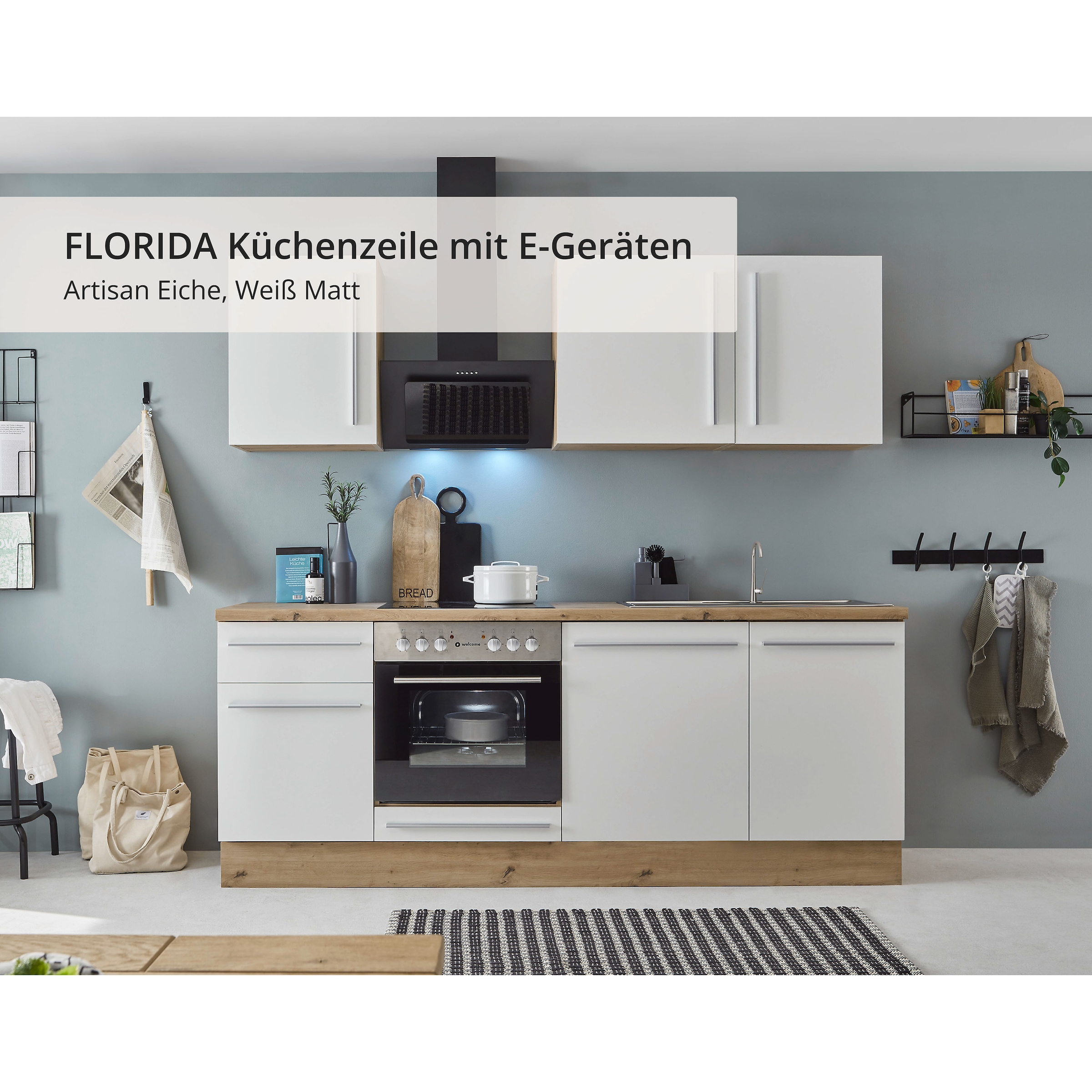 KOCHSTATION Küchenzeile »Florida mit 38mm starker Arbeitsplatte«, Breite 220 cm, wahlweise mit E-Geräten, Soft-Close-Funktion