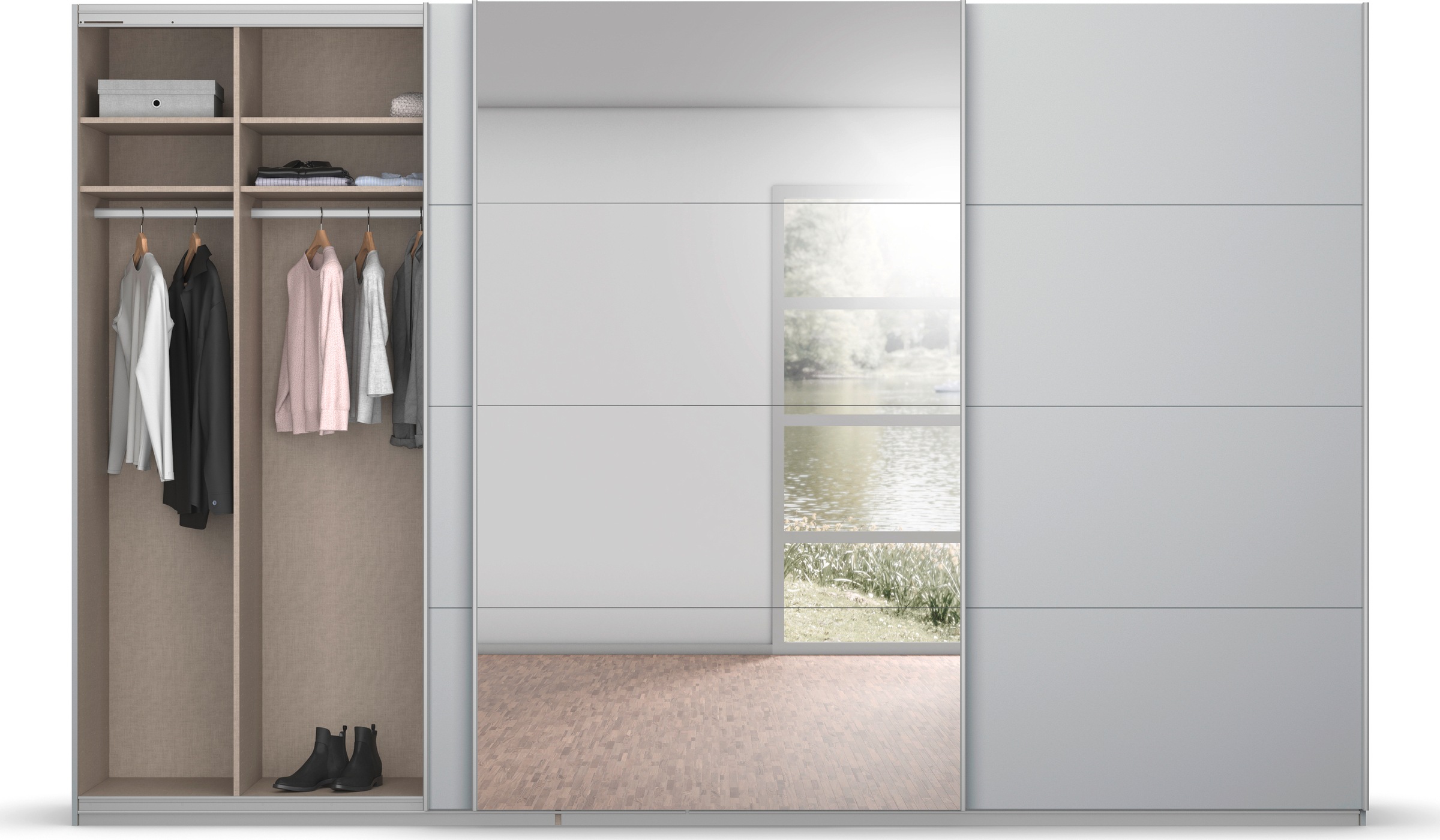 rauch Schwebetürenschrank »Kleiderschrank Schrank Garderobe KOLUNA mit Glastüren und Spiegel«, inkl. 2 Innenschubladen sowie extra Einlegeböden MADE IN GERMANY