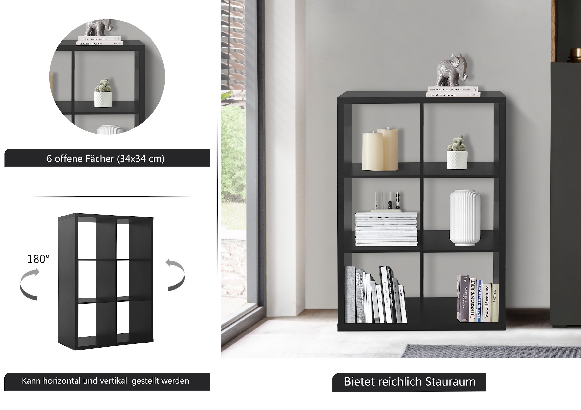 INOSIGN Bücherregal »IZOLA, Raumteiler, Aktenregal, Würfelregal,«, mit 6 oder 8 Fächern, quer und hochkant stellbar, (B/T) 76x37 cm