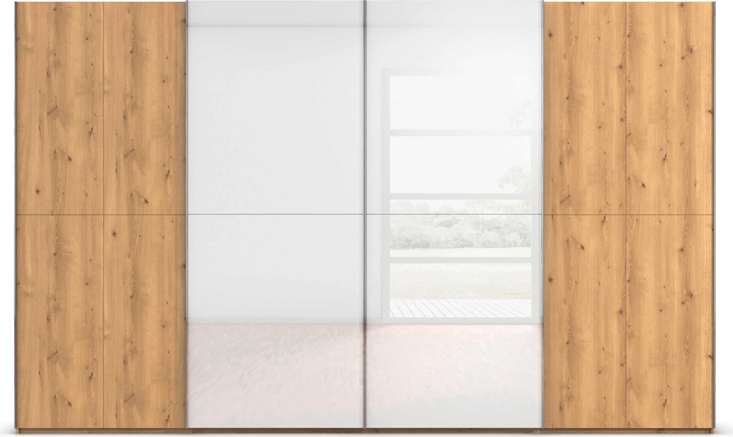 rauch Schwebetürenschrank »Kleiderschrank Schrank Garderobe Schlafzimmerschrank SCALE-WOOD«, edle geteilte Front in massiver Asteiche mit Glastüren MADE IN GERMANY