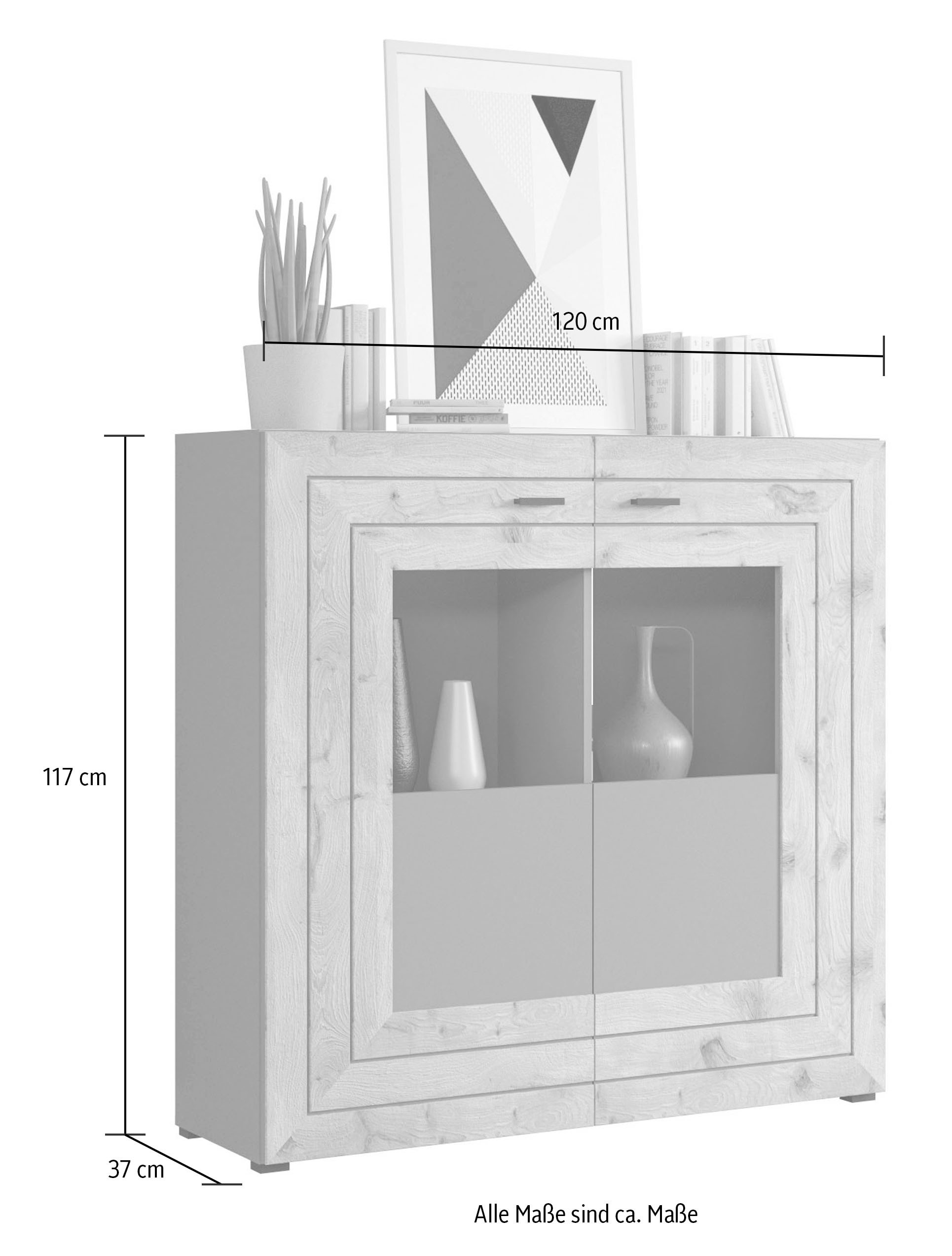 INOSIGN Highboard »Aalborg, Höhe 117cm, 2 Glastüren, 6 Fächer, 2-farbig, Metallgriffe«, Anrichte, Schrank, Kommode, Midischrank, Wohnmöbel, Wohnzimmer
