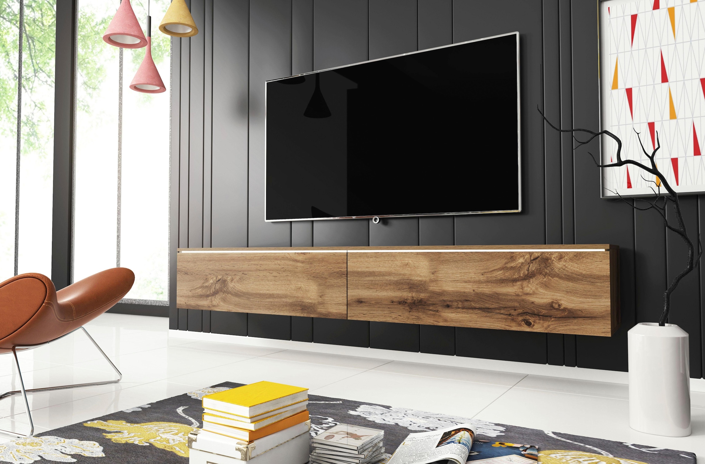 INOSIGN Lowboard »LOWBOARD VERA, wahlweise mit oder ohne Beleuchtung«, Modernes griffloses TV-Board, 180 cm TV-Schrank, stehend und hängend