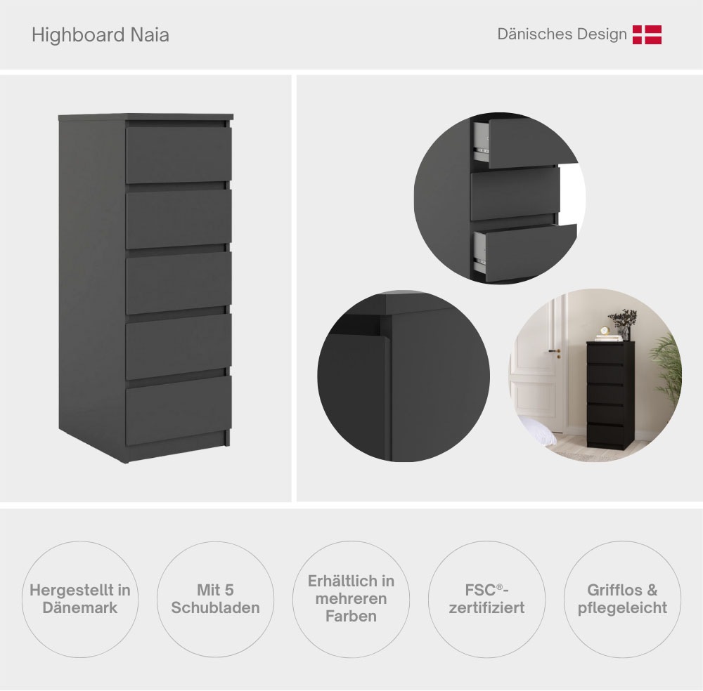 INOSIGN Highboard »Naia, Hochkommode, 5 Schubladen, Aufbewahrung, grifflose Front«, Modern, skandinavisches Design, Schmal, in mehrere Farben