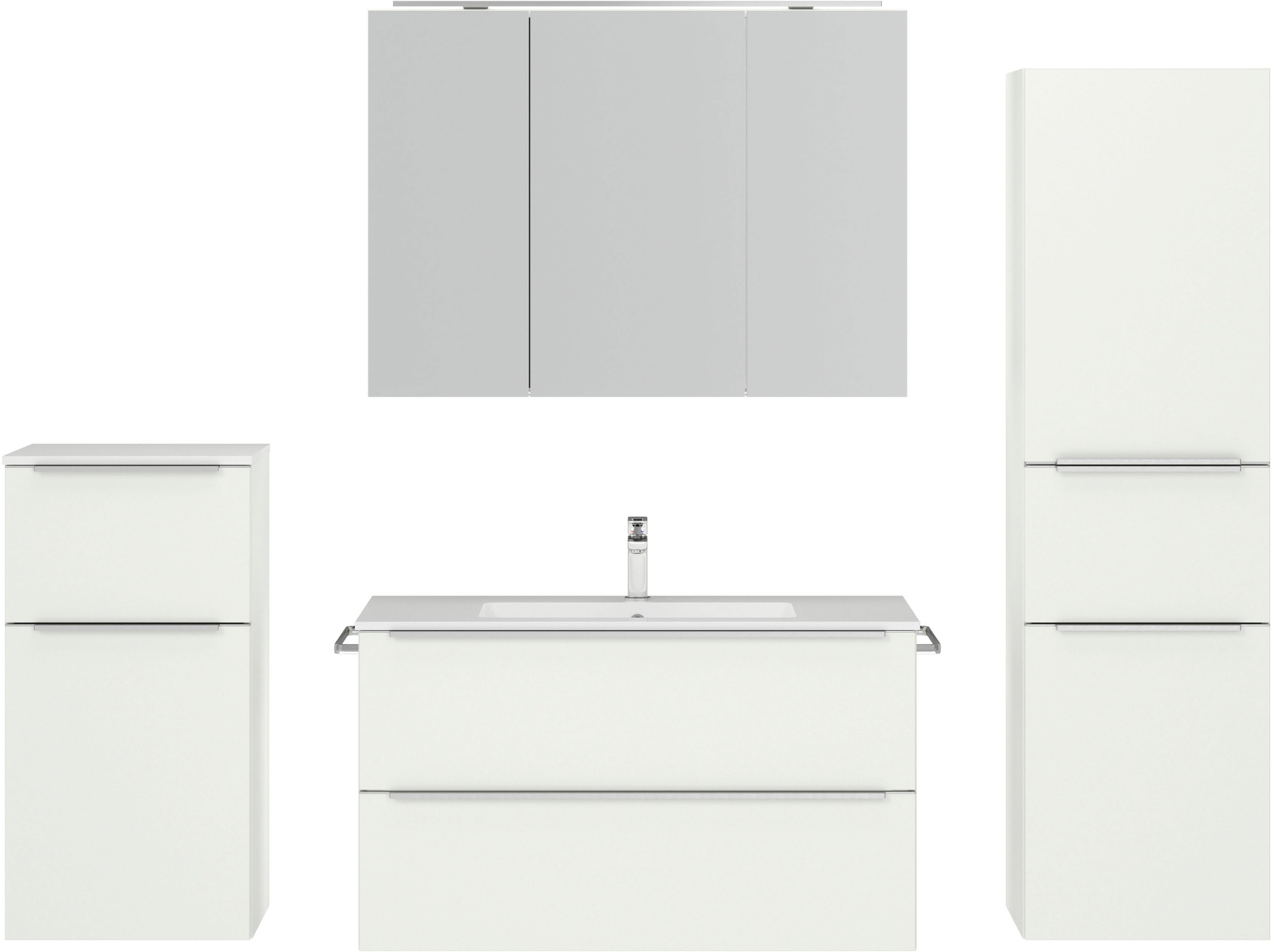 nobilia® Badmöbel-Set »Levere«, (4 St., vormontiert, mit Soft-Close), inkl. Spiegelschrank mit Beleuchtung und Dimmerfunktion, in 4 Breiten