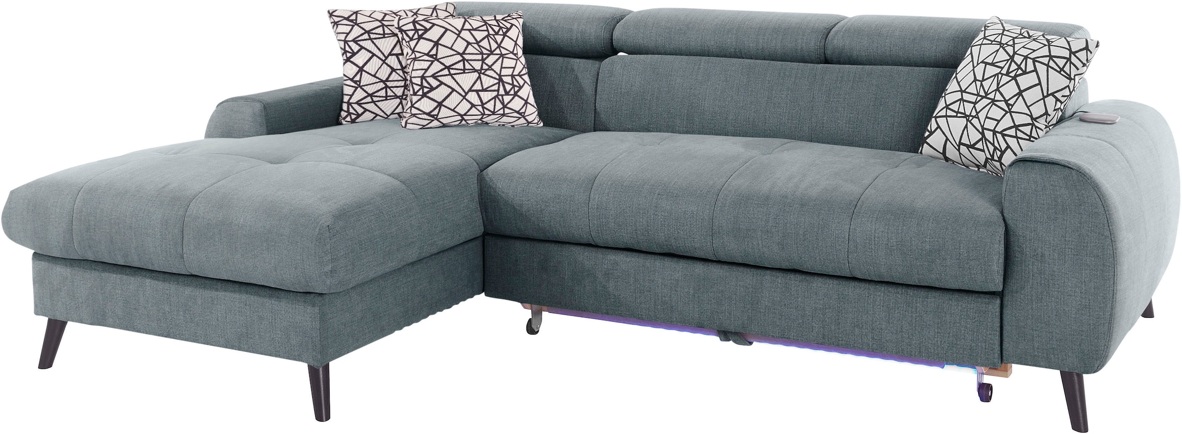 COTTA Ecksofa »Mia L-Form mit 3 Zierkissen«, wahlweise mit Bettfunktion, Bettkasten, Beleuchtung & Wireless-Charger