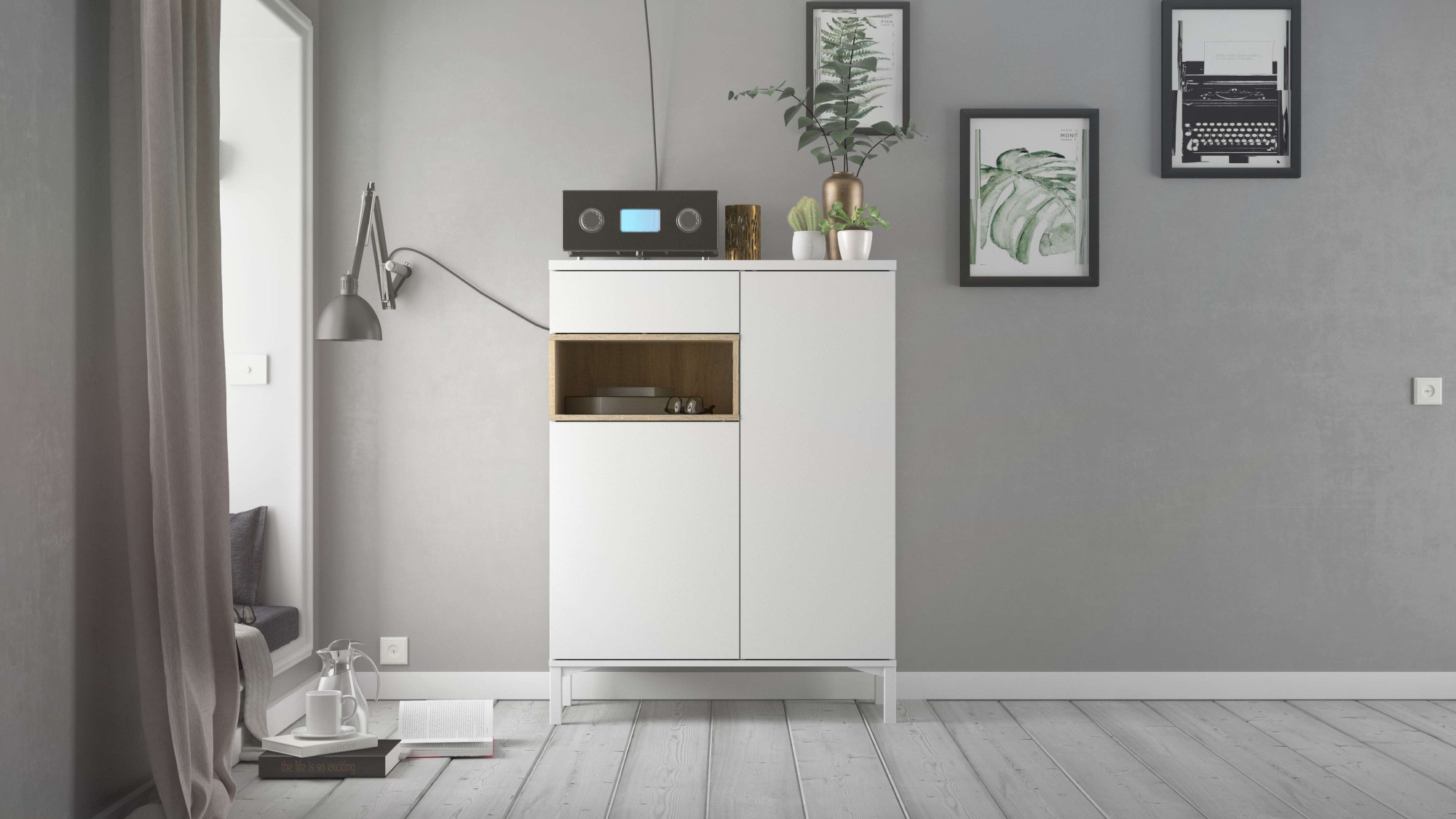 INOSIGN Highboard »Roommers, Anrichte, Stauraum, Sideboard«, Kommode, Höhe 118 cm, Breite 88,7 cm, 1 offenes Fach mit Rahmen-Optik