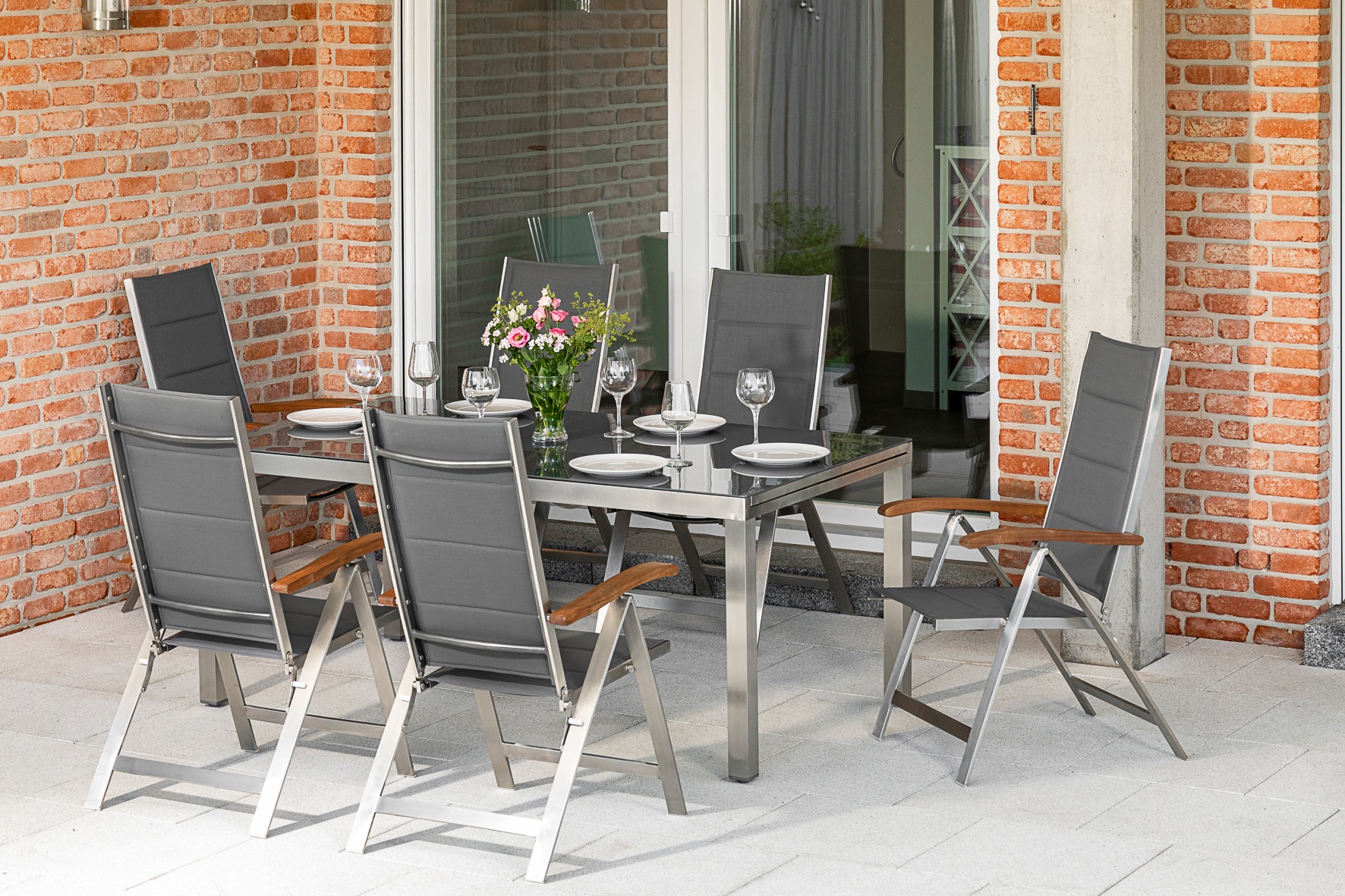 MERXX Garten-Essgruppe »Ferrara«, (7 tlg.), 6 Klappsessel mit ausziehbarem Tisch