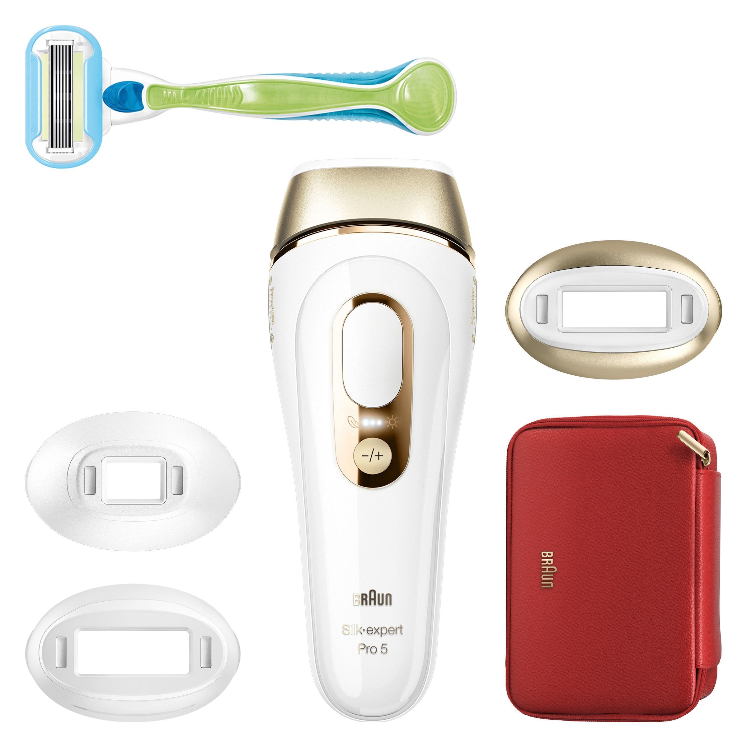 BRAUN IPL-Haarentferner »Silk·expert Pro 5 PL5262« pro Minute bis zu 125 Lichtimpulse 3 Aufsätze, Aufbewahrungstasche, Venus Rasierer weiß/gold...