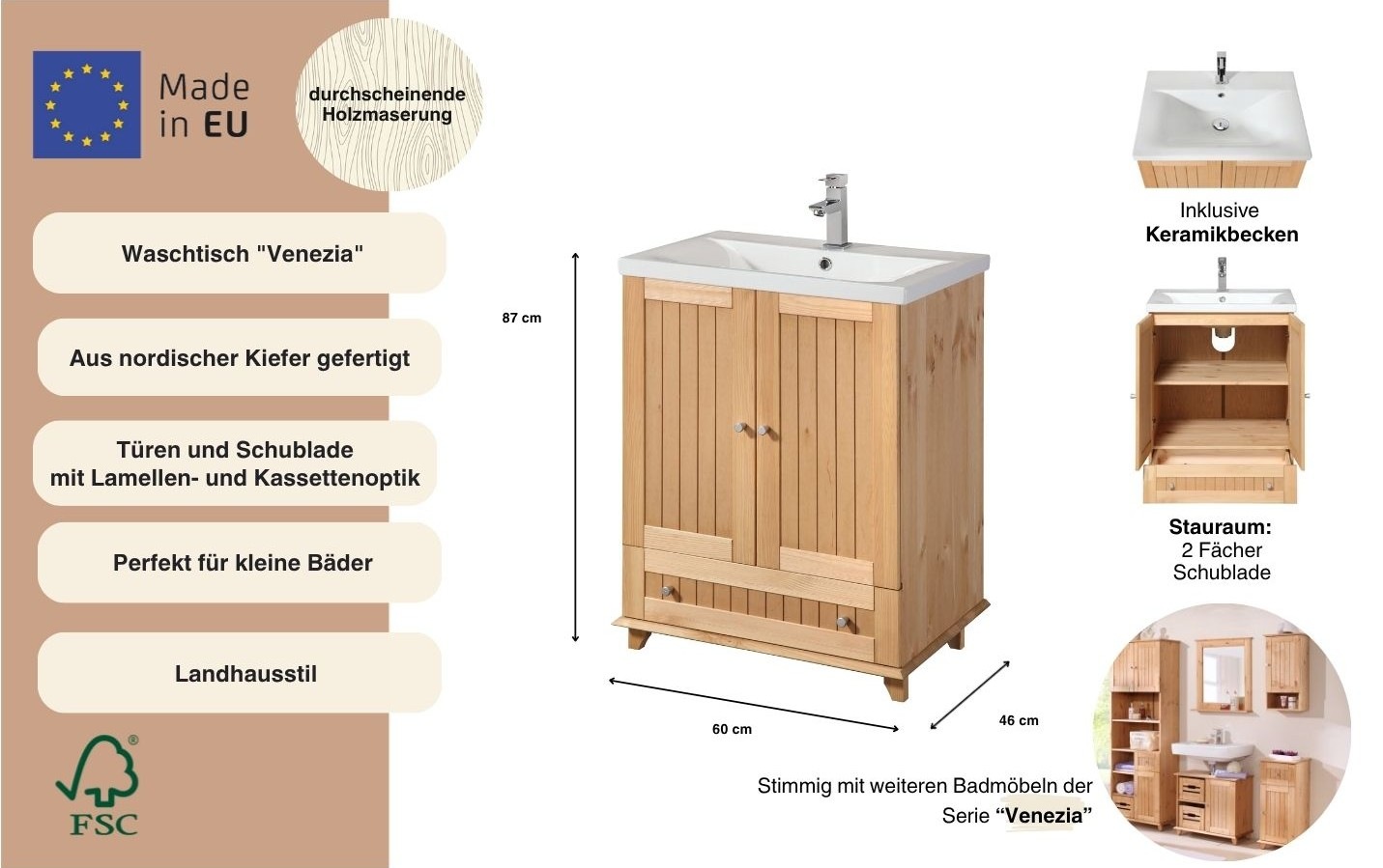 welltime Waschtisch »Venezia« Badmöbel, aus massiver Kiefer, mit Keramikbecken, 2 Türen, 1 Schublade