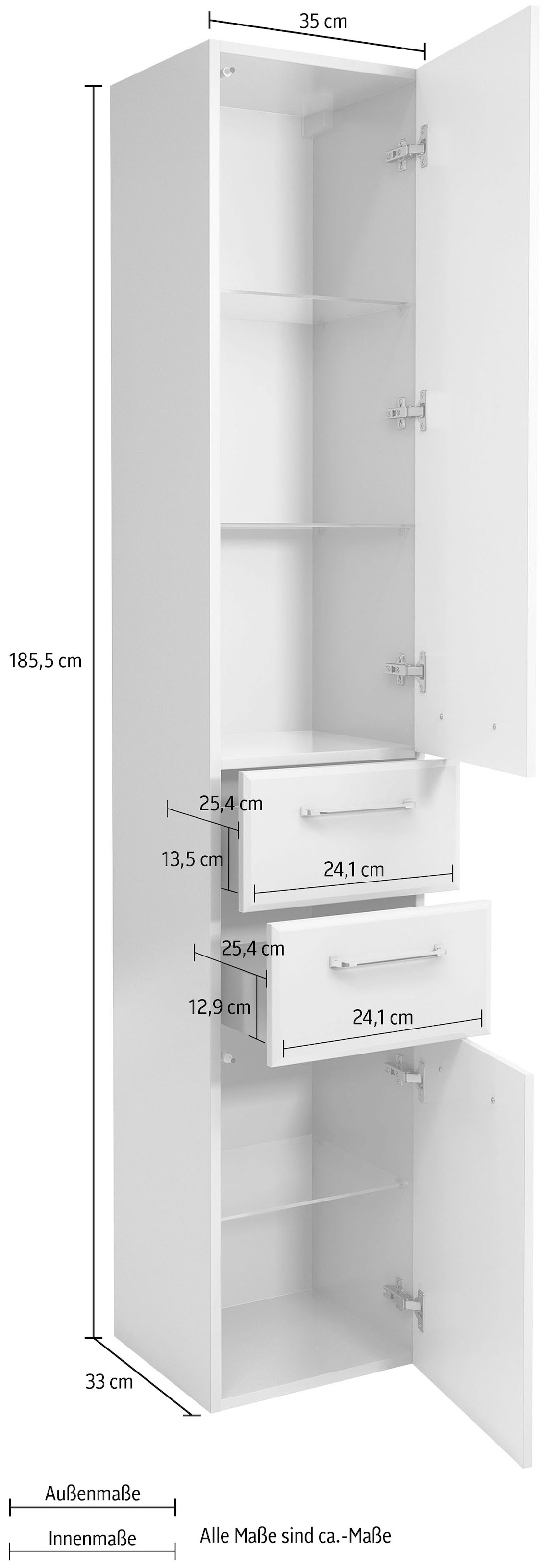 Saphir Hochschrank »Quickset Badschrank 35 cm breit, 2 Türen, 2 Schubladen, 3 Einlegeböden«, Badezimmer-Hochschrank inkl. Türdämpfer, Griffe in Chrom glänzend
