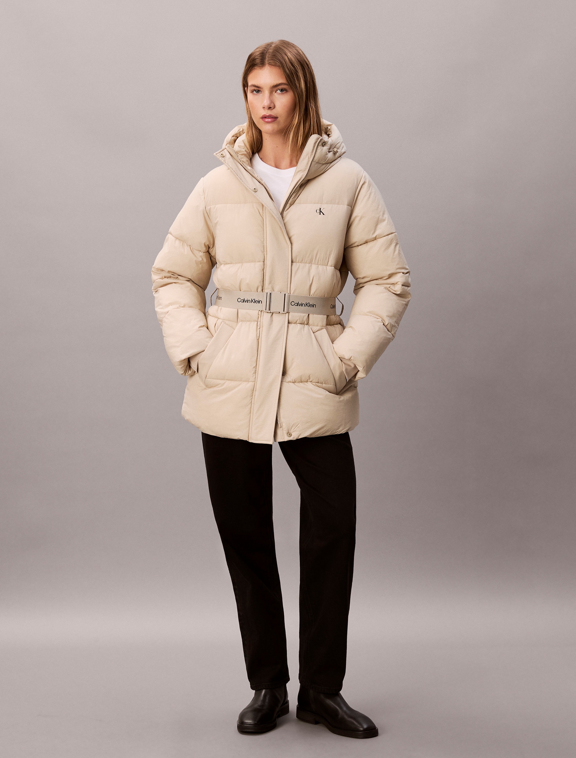 Calvin Klein Jeans Steppjacke »BELTED MIDWEIGHT PUFFER« mit Kapuze Mit Rundhalsausschnitt, regular fit