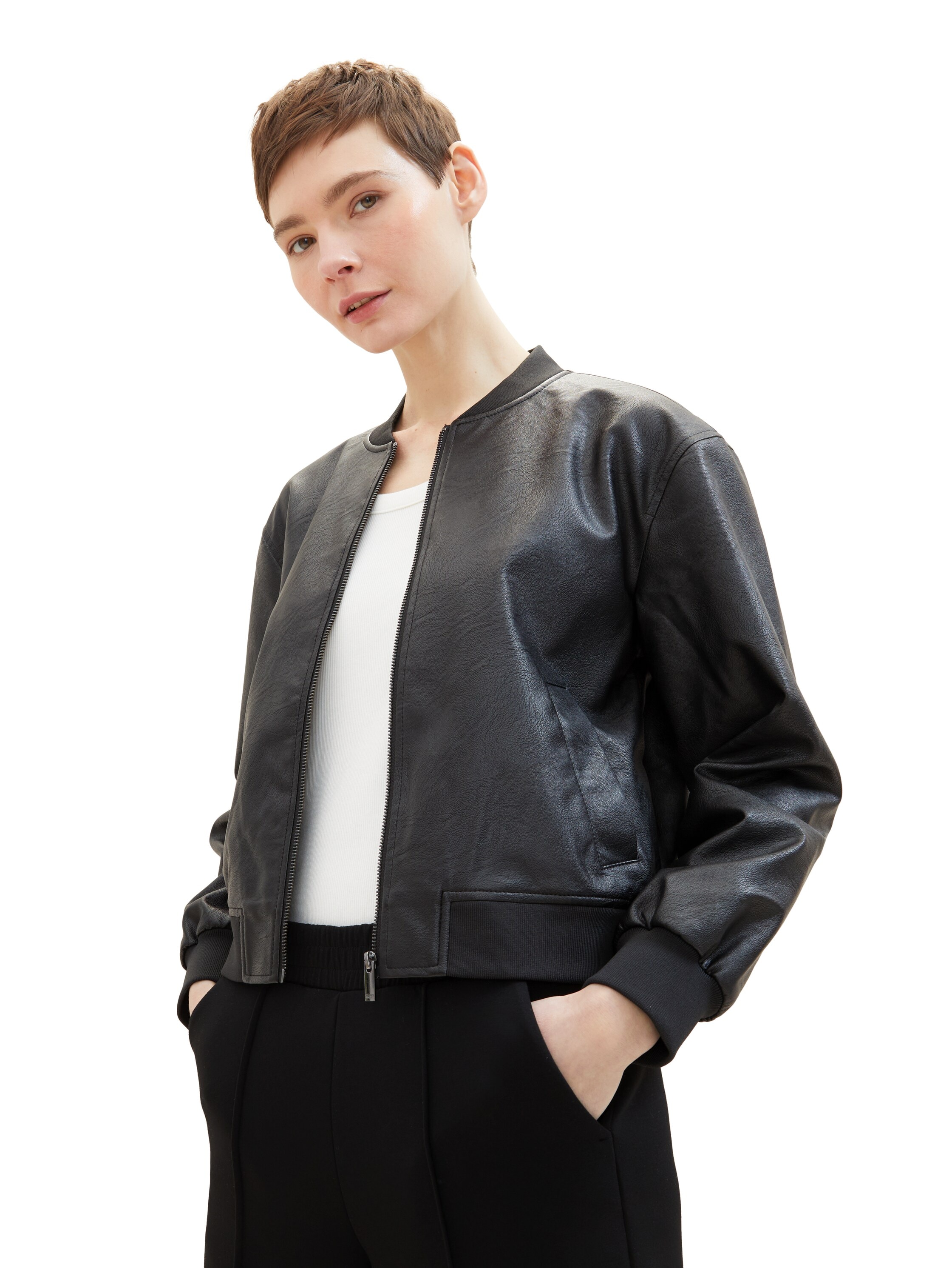 TOM TAILOR Denim Blouson, ohne Kapuze, Bomberjacke aus Kunstleder und mit Eingrifftaschen