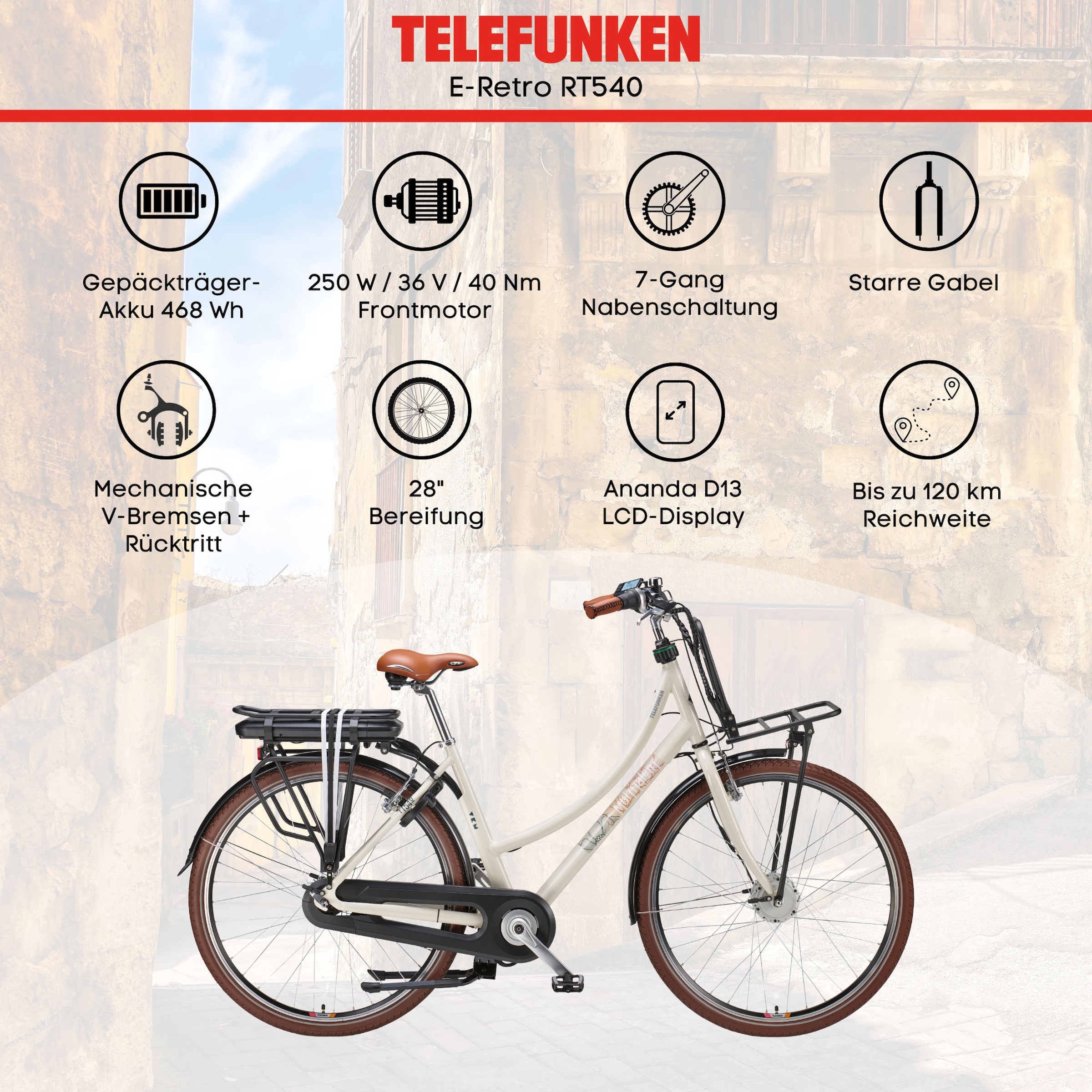 Telefunken E-Bike »Multitalent RT540«, 7 Gang, Shimano, Nexus, Frontmotor 250 W, Pedelec, Elektrofahrrad für Damen u. Herren
