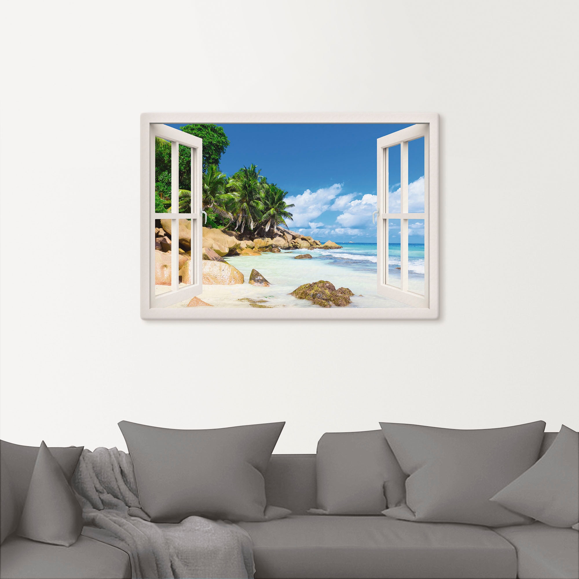 Artland Wandbild »Küste mit Palmen durchs Fenster«, Karibikbilder, (1 St.),  als Alubild, Leinwandbild, Wandaufkleber oder Poster in versch. Größen auf  Raten bestellen
