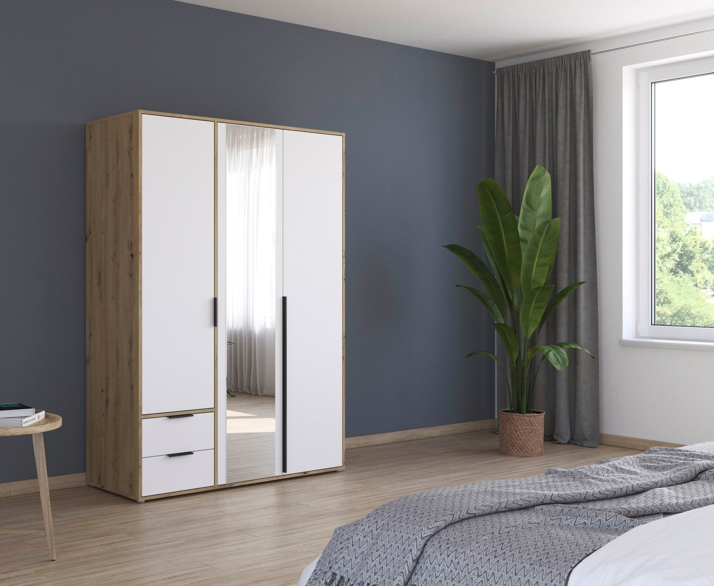 rauch Drehtürenschrank »Kleiderschrank Schrank Garderobe Wäscheschrank NAGATA mit Spiegel«, (in 3 verschiedenen Ausstattungen BASIC/CLASSIC/PREMIUM), und Schubladen sowie Stangengriffen TOPSELLER MADE IN GERMANY