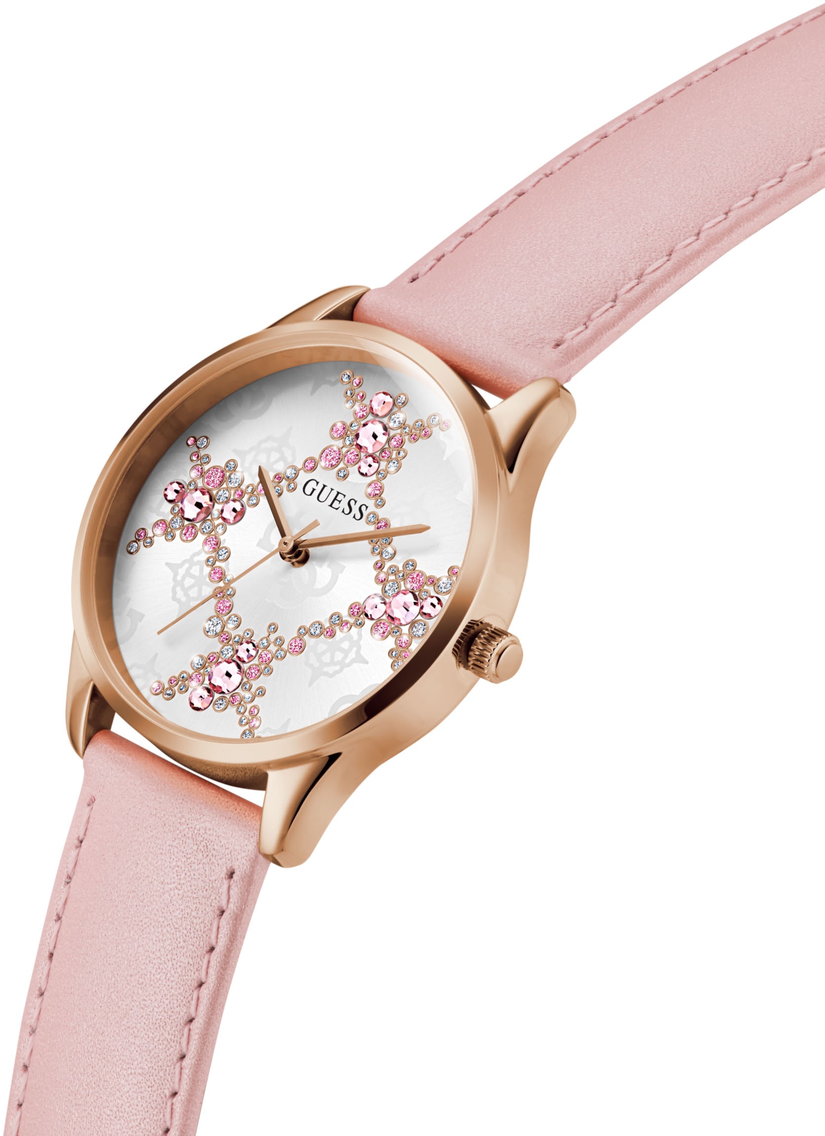 Guess Quarzuhr »LUSTER«, Armbanduhr, Damenuhr, Lederarmband, Mineralglas, analog