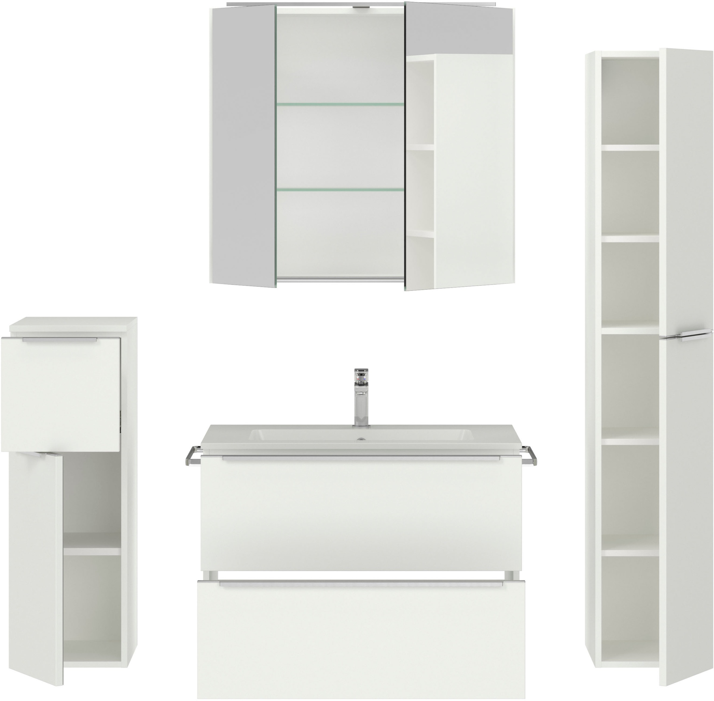 nobilia® Badmöbel-Set »Levere«, (4 St., vormontiert, mit Soft-Close), inkl. Spiegelschrank mit Beleuchtung und Dimmerfunktion, in 4 Breiten