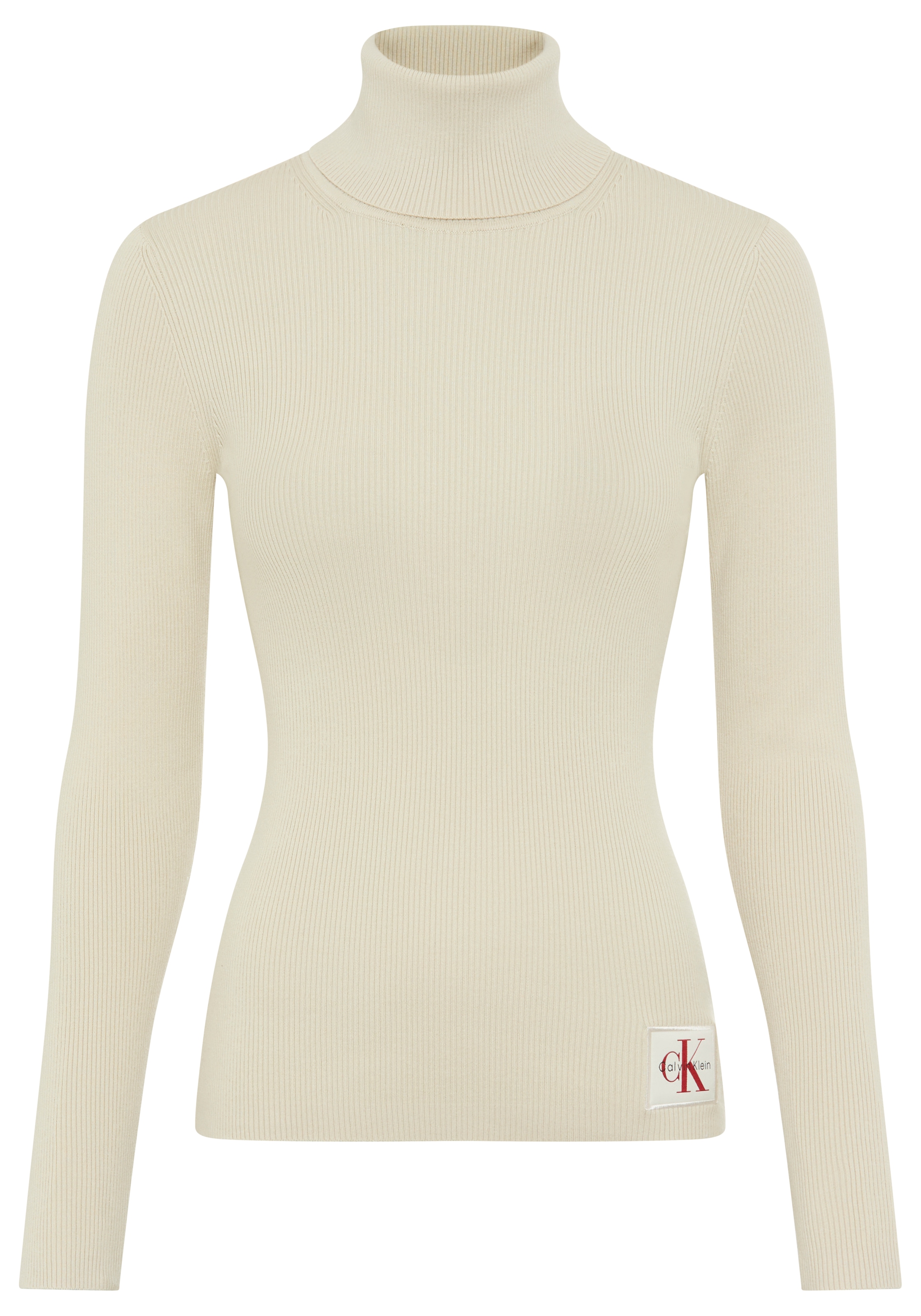 Calvin Klein Jeans Rollkragenpullover Rippstrick, figurbetonte Passform, Markenlabel