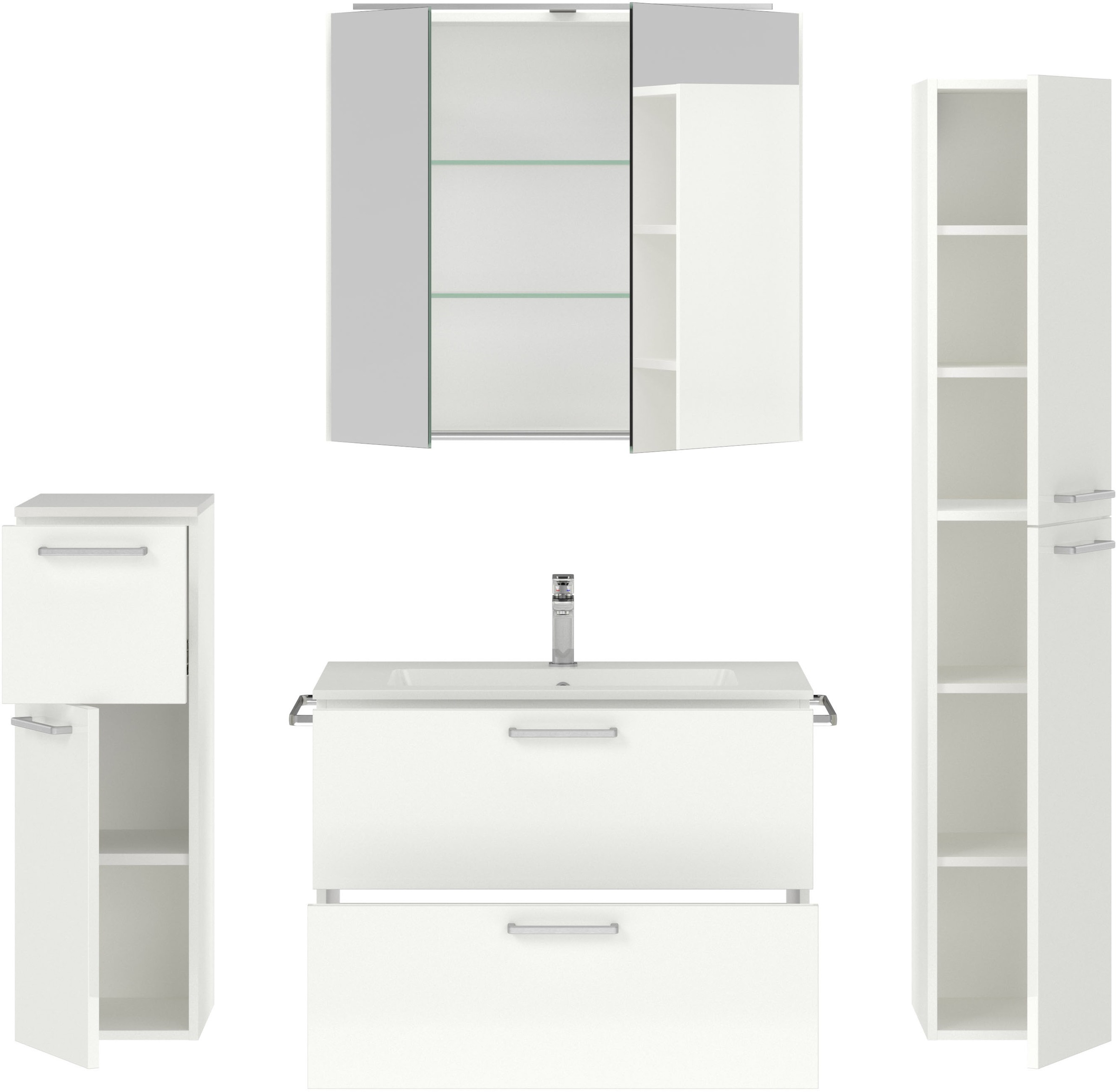 nobilia® Badmöbel-Set »Tolvina«, (4 St., vormontiert, mit Soft-Close), inkl. Spiegelschrank mit Beleuchtung und Dimmerfunktion, in 4 Breiten