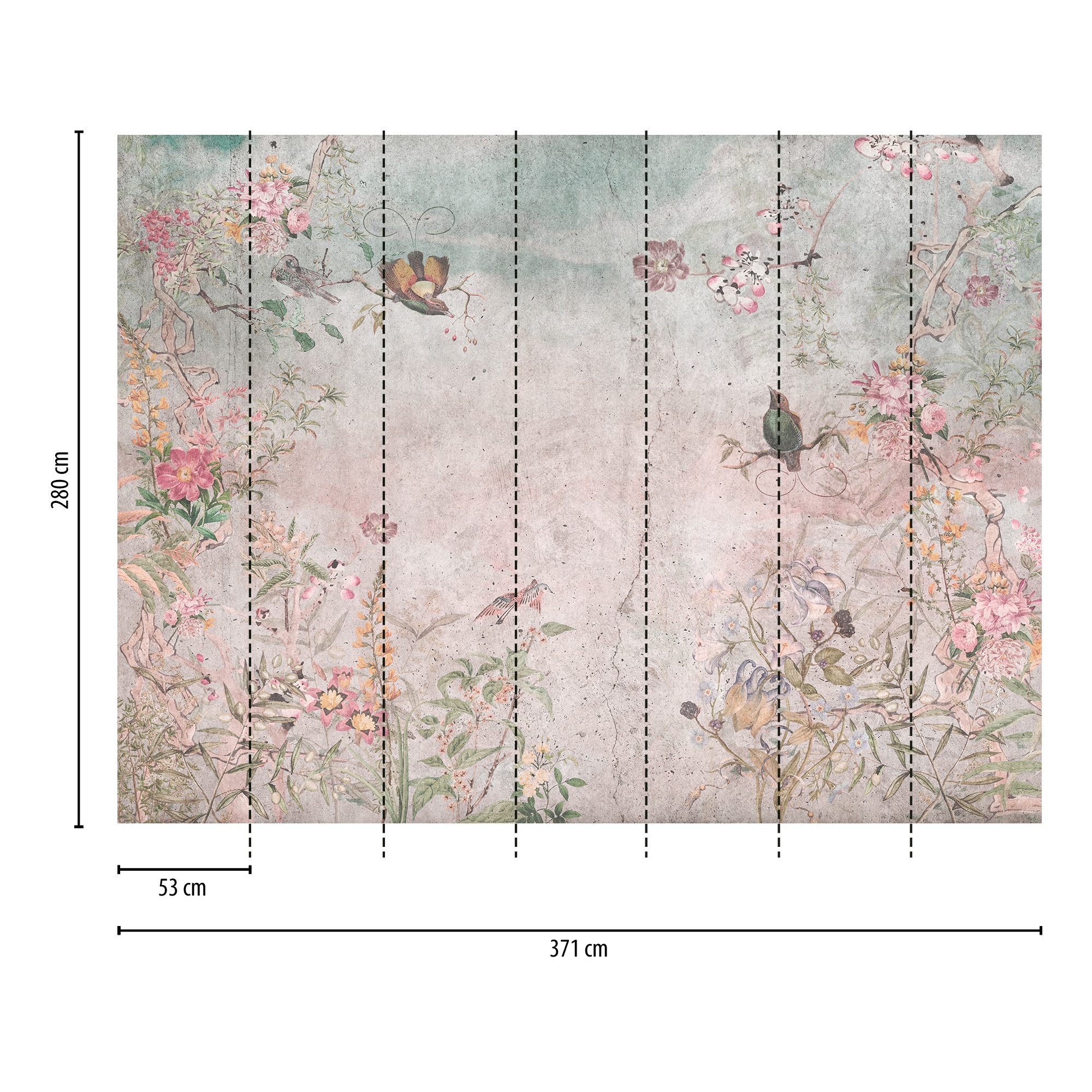 living walls Fototapete »THE WALL III florale Tapete Motivtapete Blumen Vögel«, matt, Vliestapete Vögel für Schlafzimmer Küche Wohnzimmer Floral Design Flur