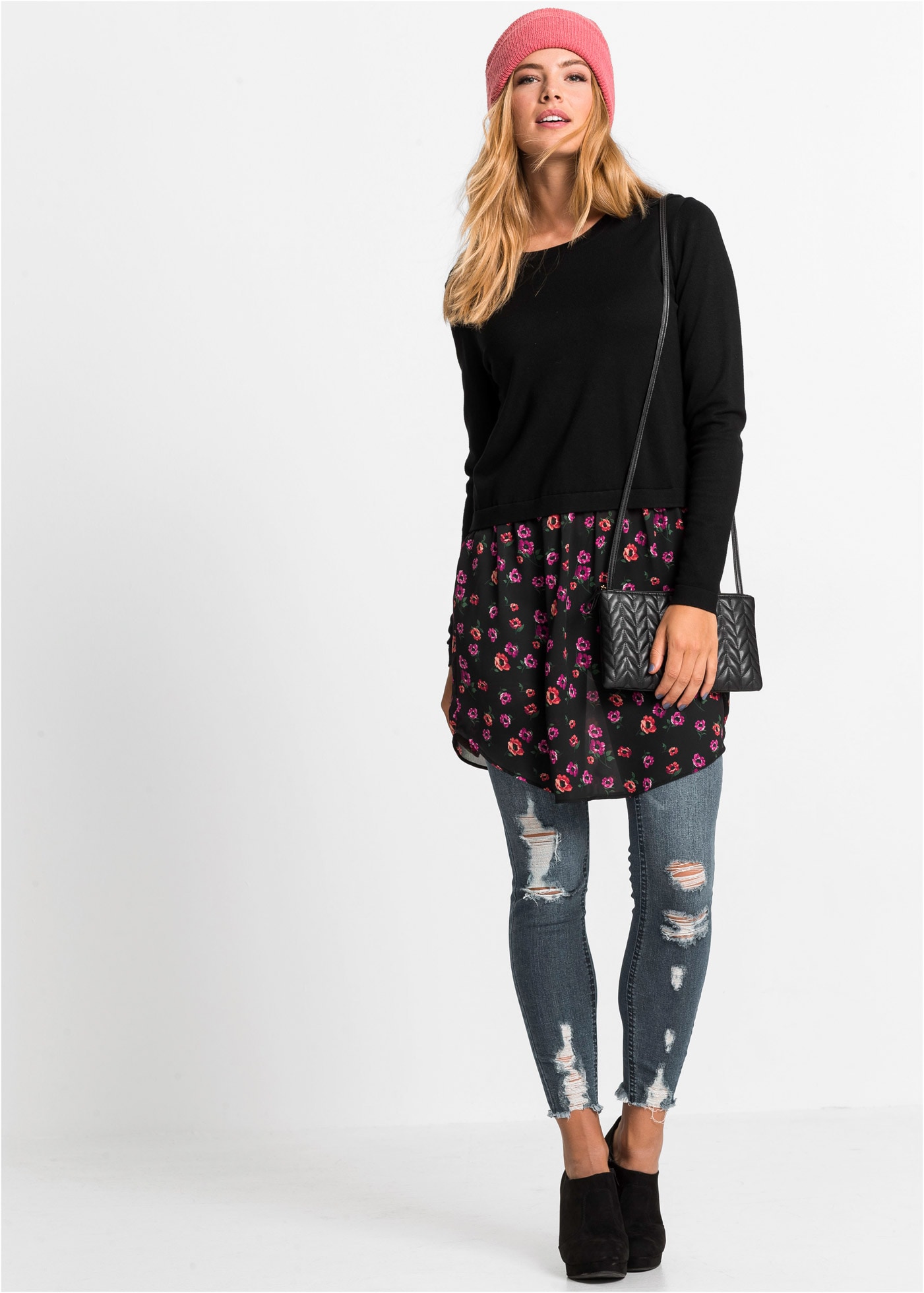 bonprix Strickpullover »Feinstrickpullover mit Rockansatz« mit Materialmix, runder Halsausschnitt, mehrfarbige Optik