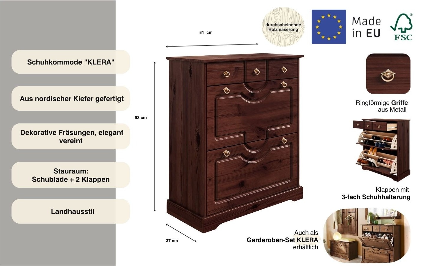 Home affaire Schuhschrank »Klera«, aus massiver Kiefer, FSC®, Breite 81 cm, dreifache Schuhhalterung