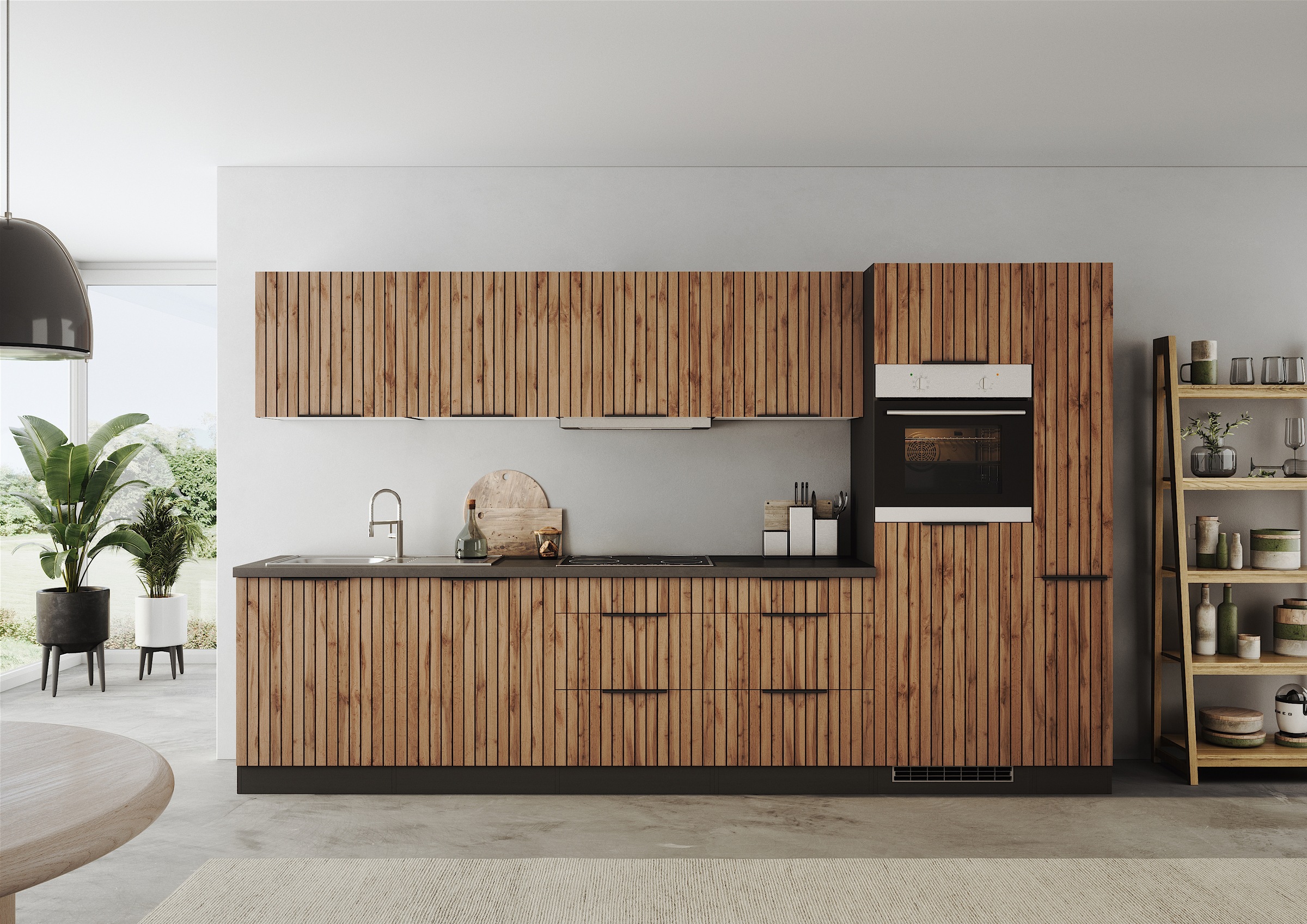 KOCHSTATION Küchenzeile »KS-Lagos, wahlweise mit E-Geräten, Spüle edelstahl oder schwarz«, Breite 330cm, Ceran-oder Induktionskochfeld,mit oder ohne Kühlschrank