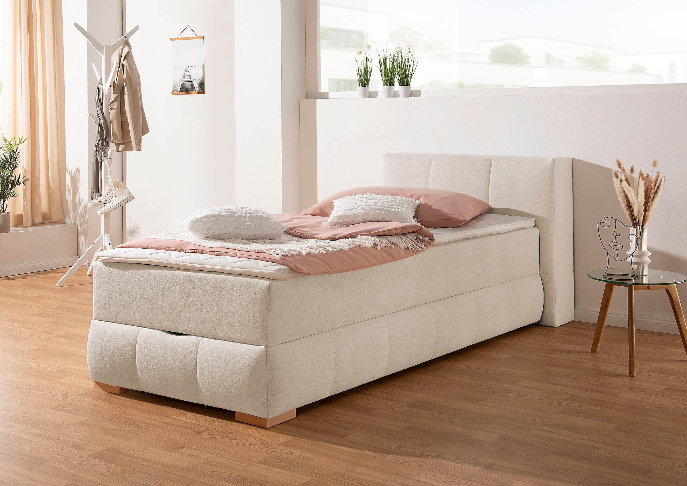 Boxbett mit Bettkasten, beige-natur Bonellfederkern H2